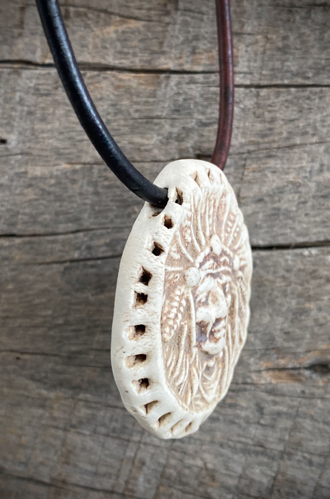 ARTISAN Ceramic Pottery Native American Indian Chief Pendant NECKLACE Warrior 2″