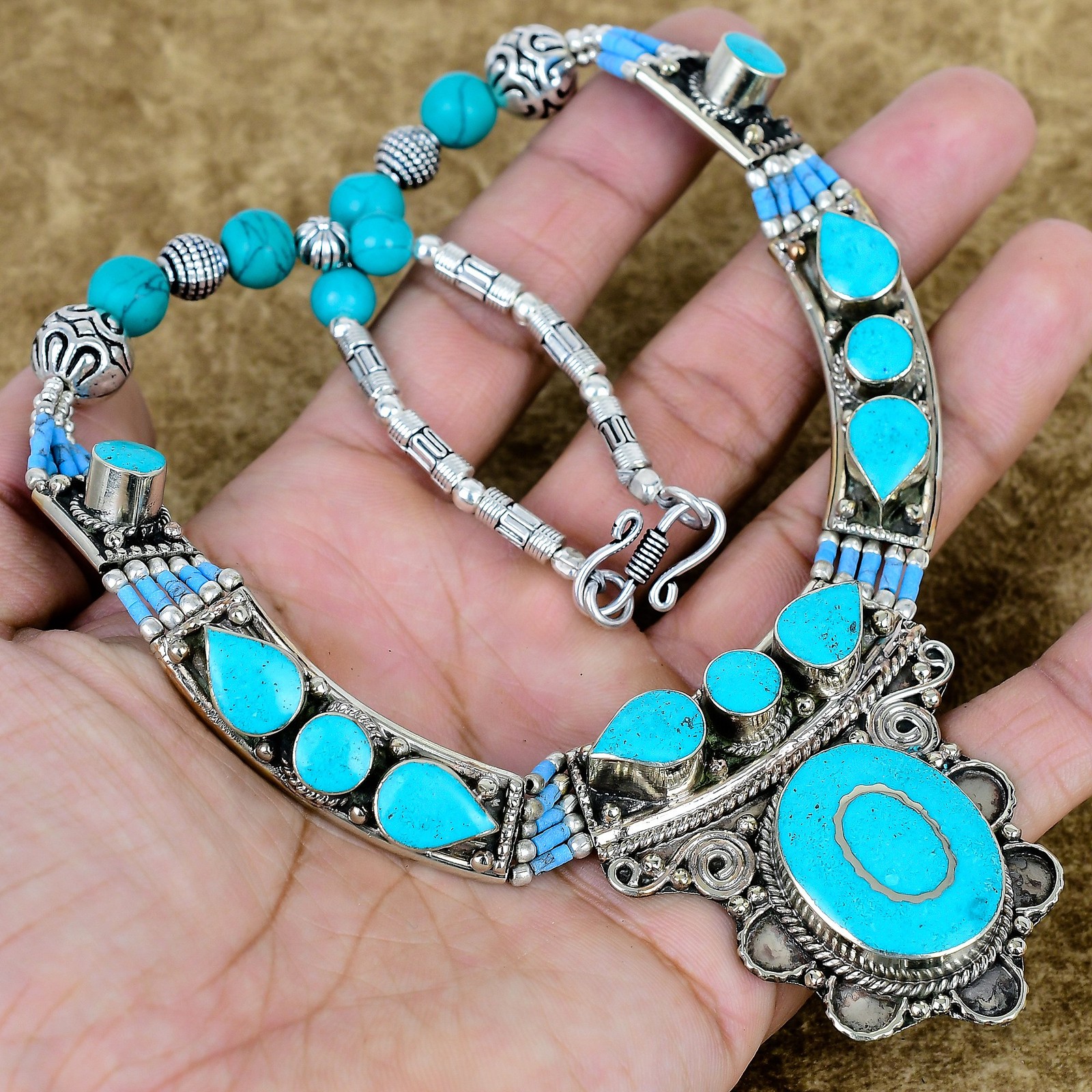 Natural Turquoise Necklace 925 Sterling Silver Handmade Nepali Boho Jewelry SC55