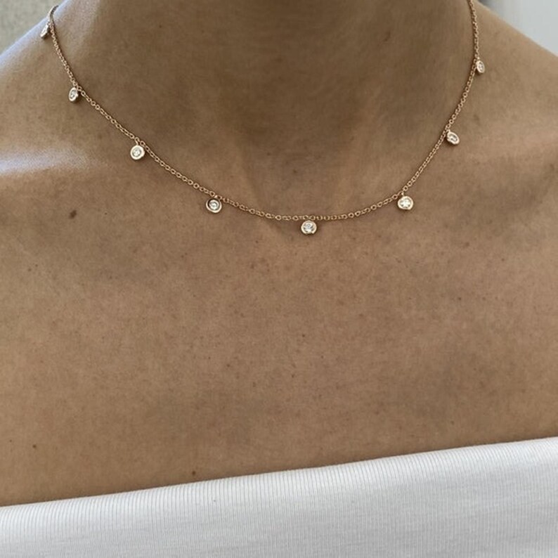 Festival Sale ! Round Natural Bezel Set Diamond Station Necklace 14k Yellow Gold