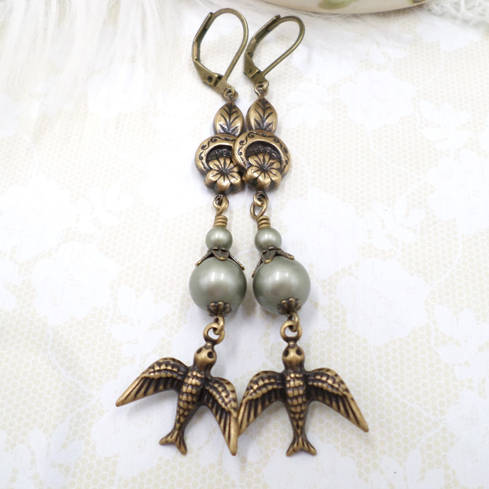 Brass Bird Earrings: Sage Green Pearl Floral Cottagecore Handmade Dangle Jewelry