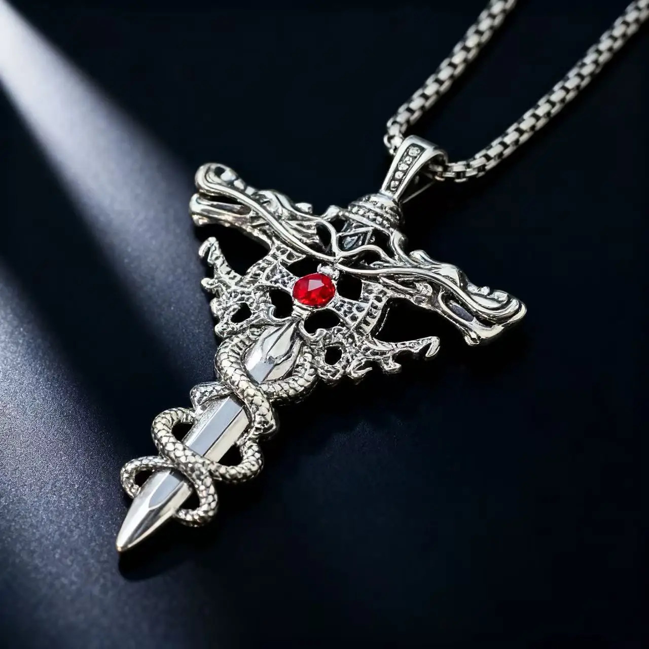 Gothic Style Double Dragon Sword Cross Pendant Necklace With 60cm Chain For
