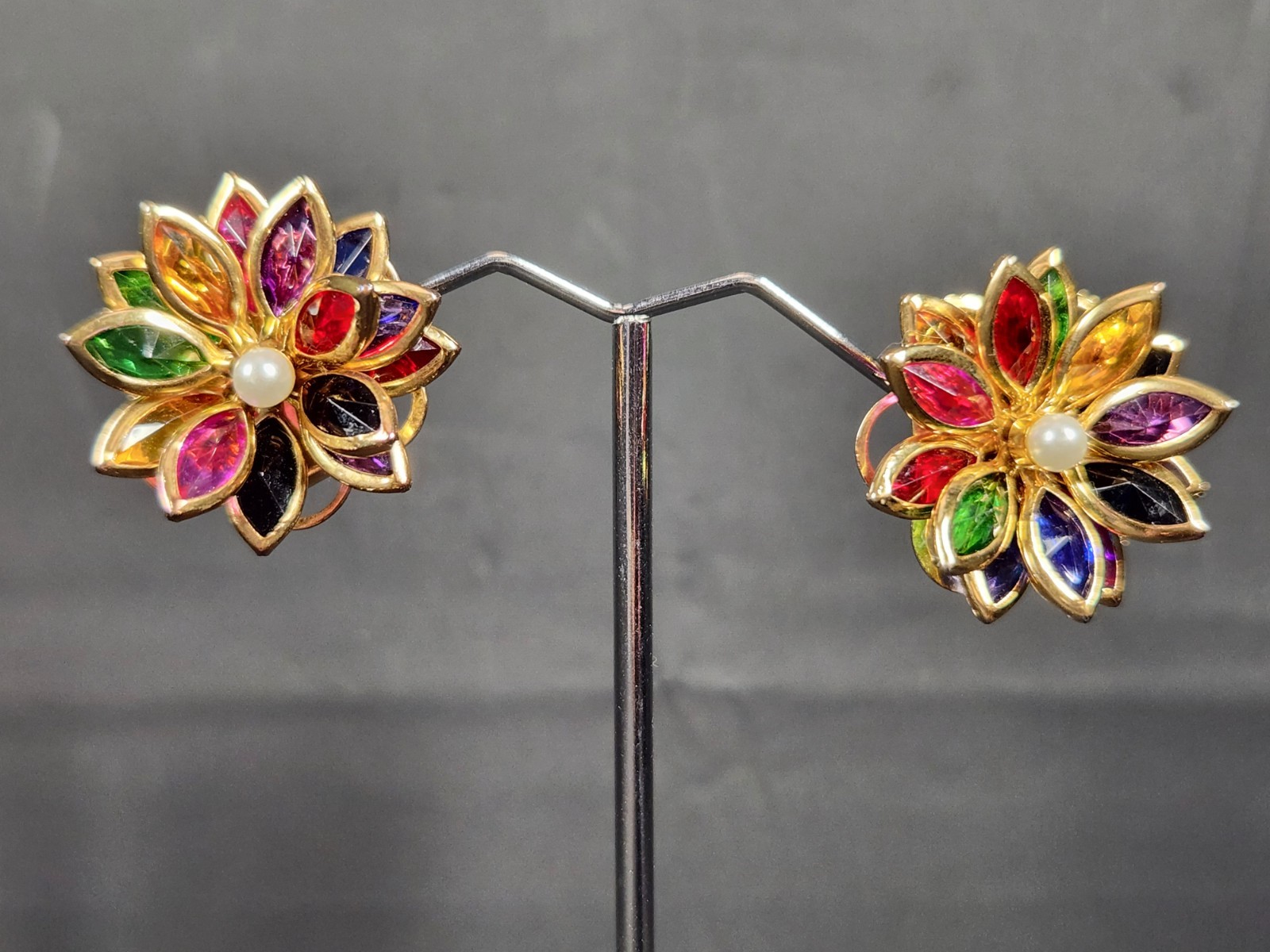 Vintage reverse set navette multicolor rhinestone flower clip on earrings