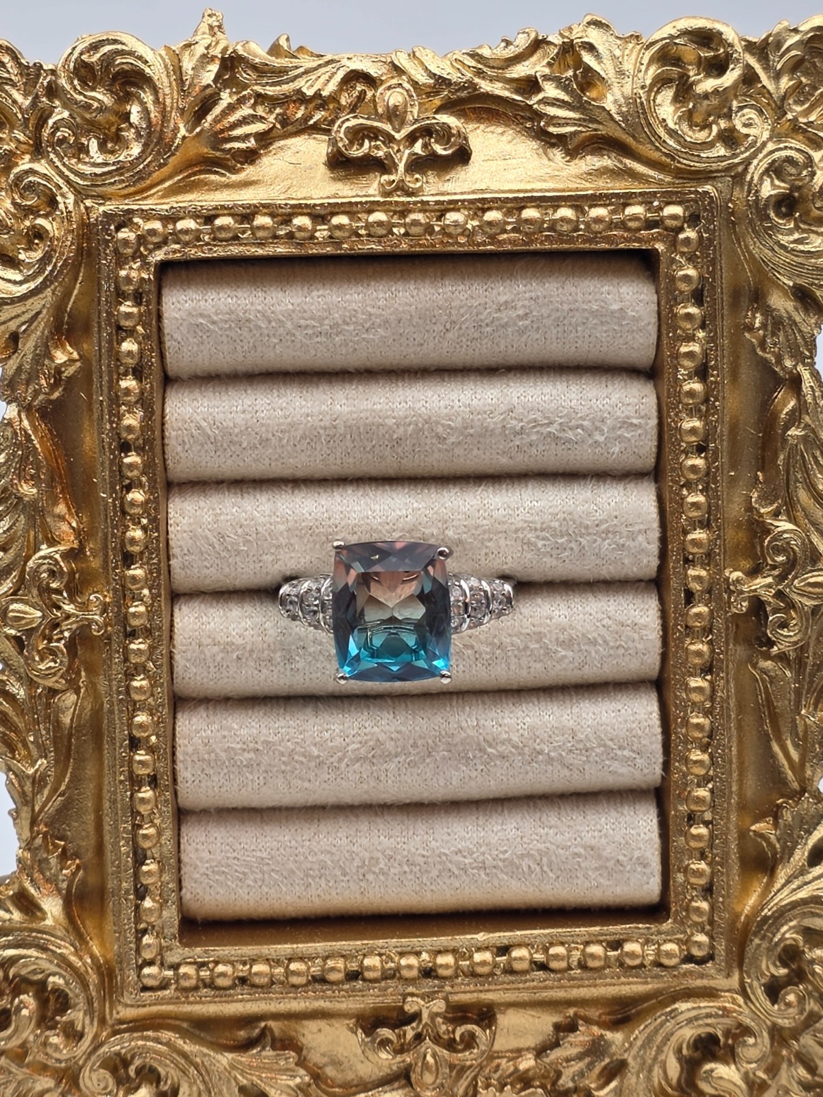 6.40ctw Aqua Terra Costa Quartz (Triplet) & Zircon Ring Platinum Plated Size 7