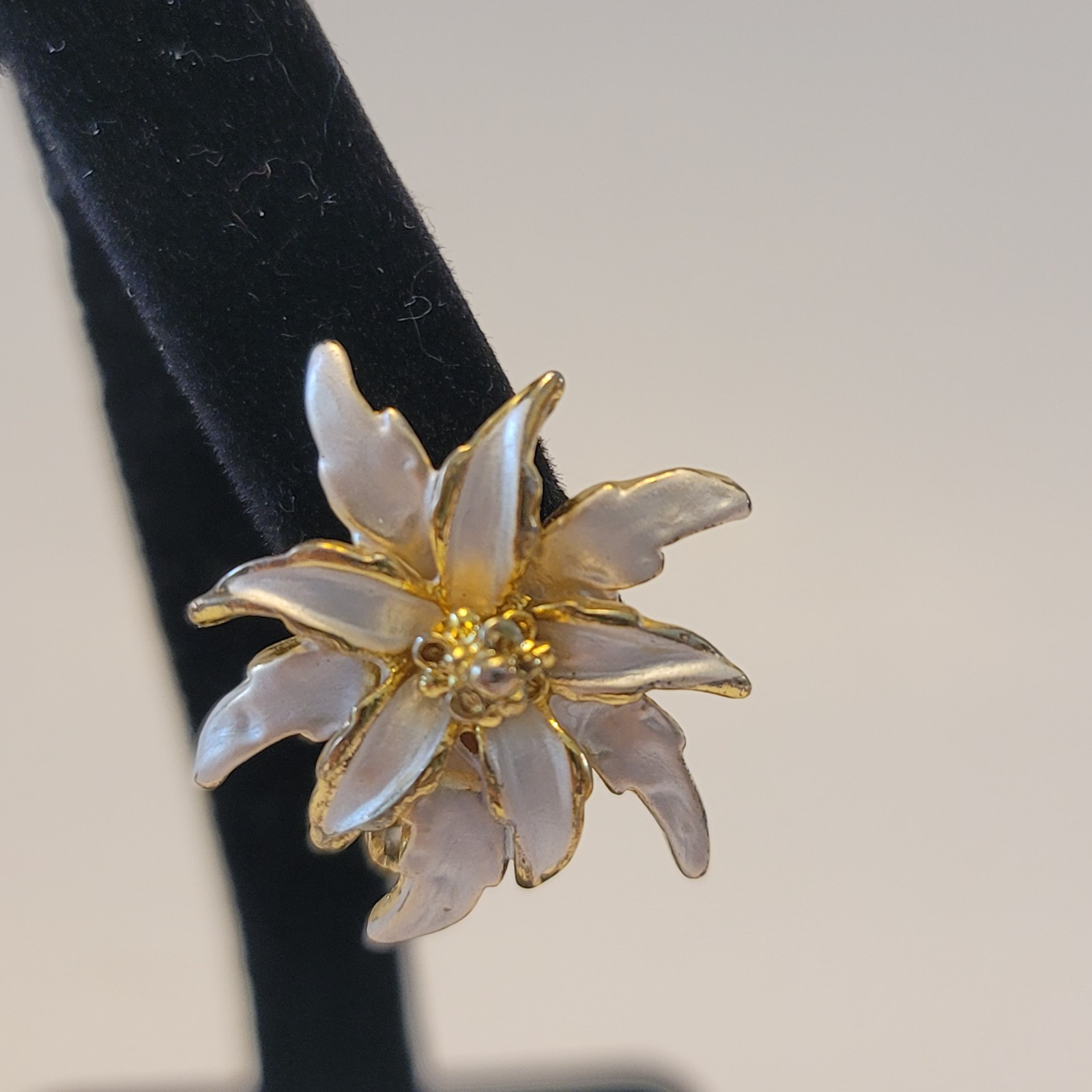 Vintage Clip On Earrings Gold Tone with White Enamel Edelweiss Blossom Motif