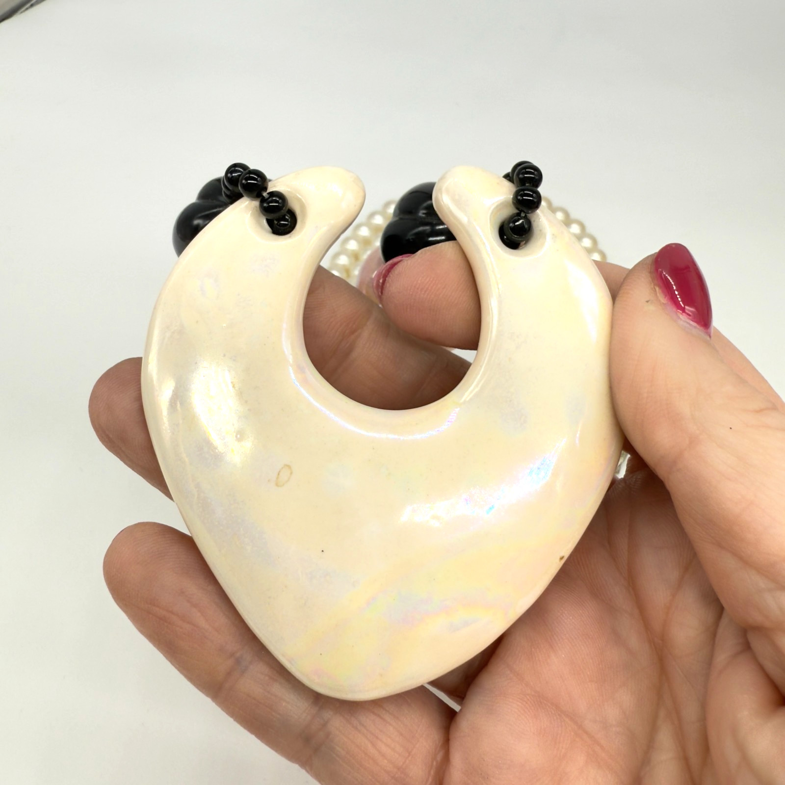 Vintage Necklace Chunky Acrylic Pink Black Cream Iridescent Pendant