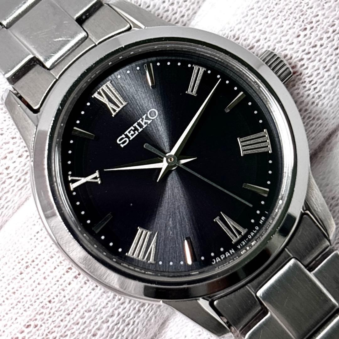 SEIKO V131-0AF0 Solar Ladies Watch Quartz Round Roman Black Dial Stainless Steel