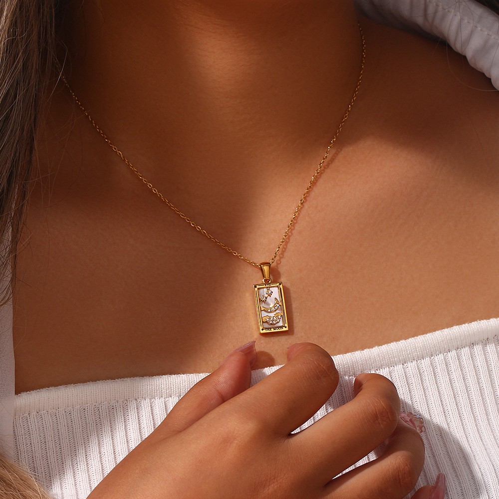 Tarot Card Rectangular Stainless Steel Enamel Zircon Fashion Pendant Necklace