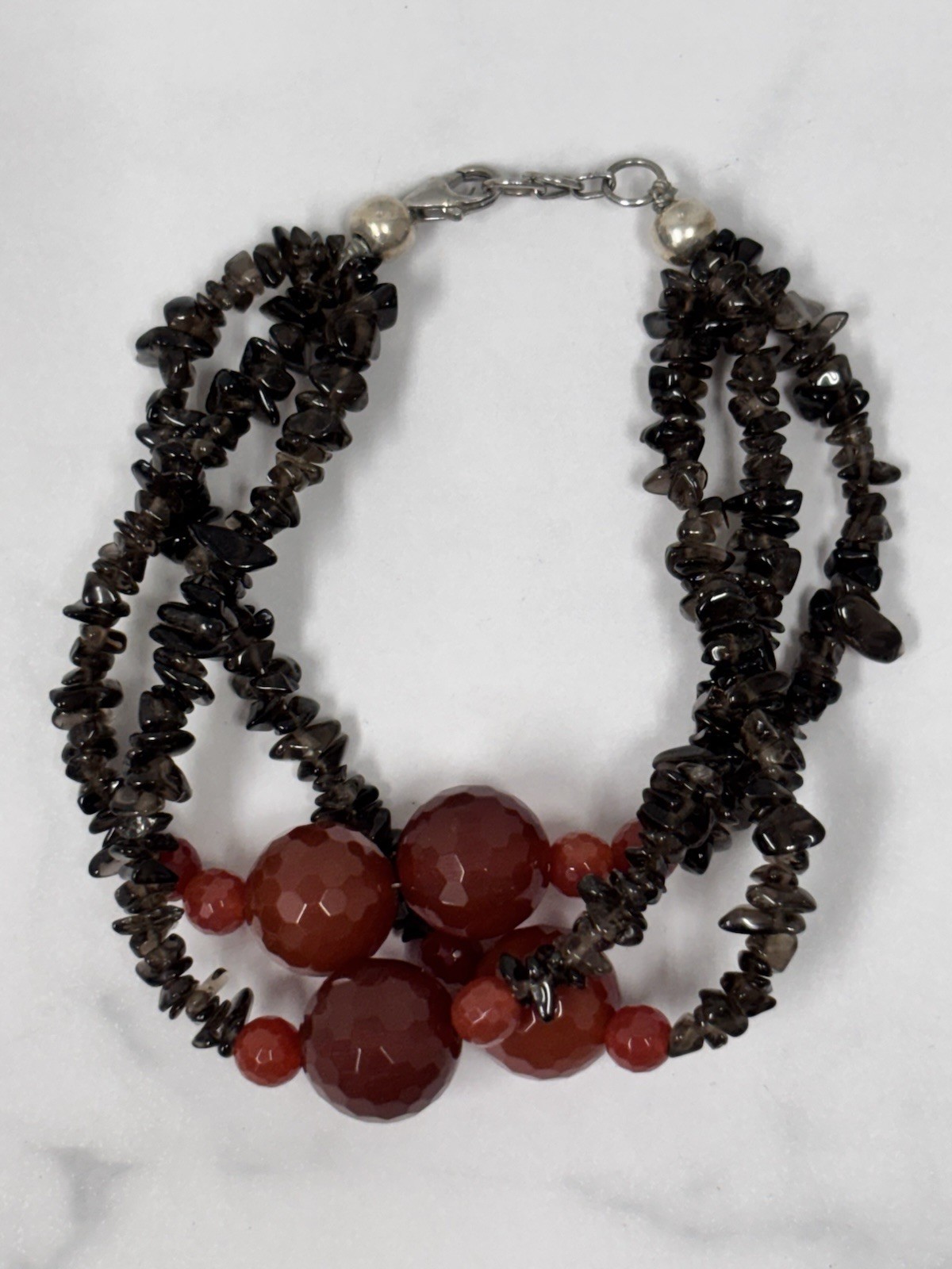 Genuine Carnelian Stone necklace 32” Hand Beaded W Smoky Quartz Bracelet 925
