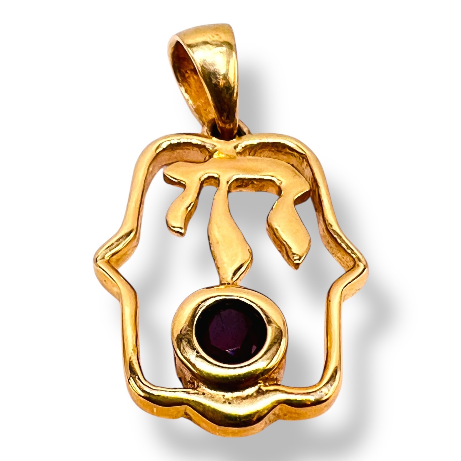Solid 14k Yellow Gold Ruby Hamsa Chai Pendant Charm 2.68 Grams