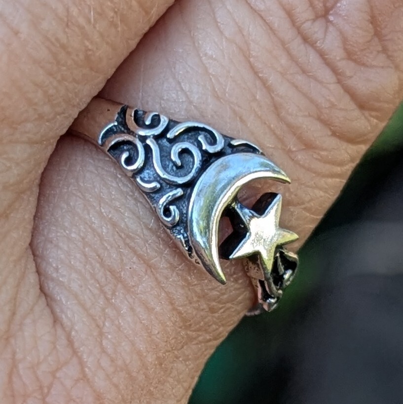 Sterling Silver 925 Sailor Crescent Moon & Star Ring Size 5.75, 7, 8, 8.5, 9.5