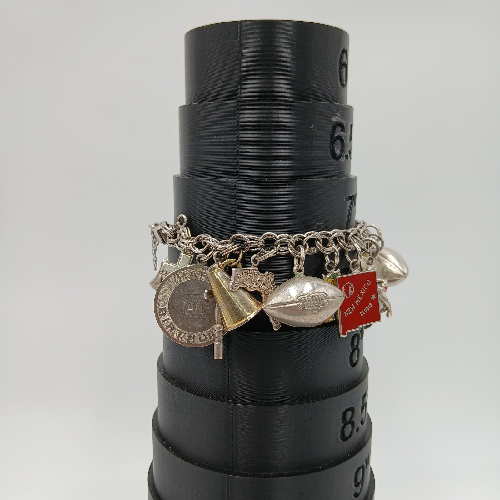 VTG 60s Charm Bracelet 8in Sterling Silver 70g JANE School Travel Faith South US