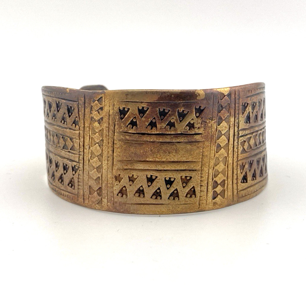 Vintage African Brass Cuff Bracelet Wide Etched Heavy Tribal Style 140g Massive