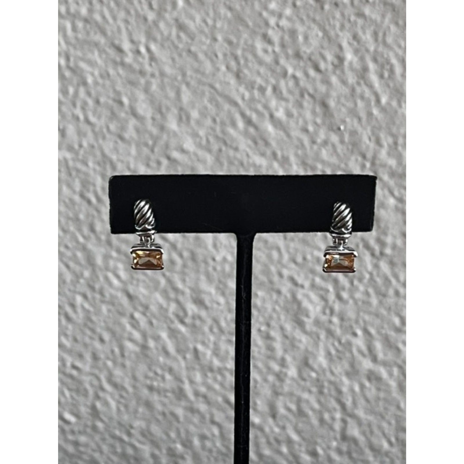 Silver / Black Accent Rope Twist Drop Earrings Cushion Cut Citrine (Post Backs)