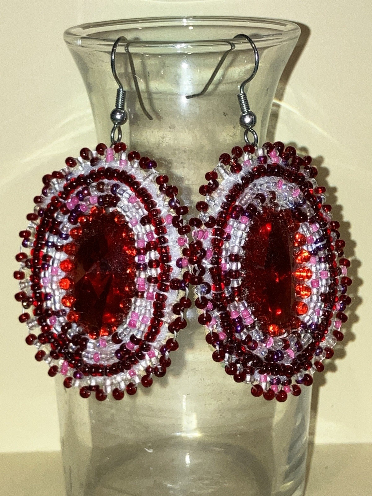 Handcrafted Beaded Dangle Hook Earrings Red Oval Glass Center Pink Clear Beads