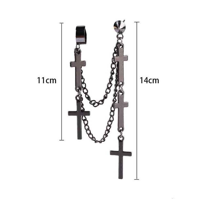 Gothic Punk Cuff Dangle Drop Cross Earrings- Long Chain Stud Tassel, Gift, Black