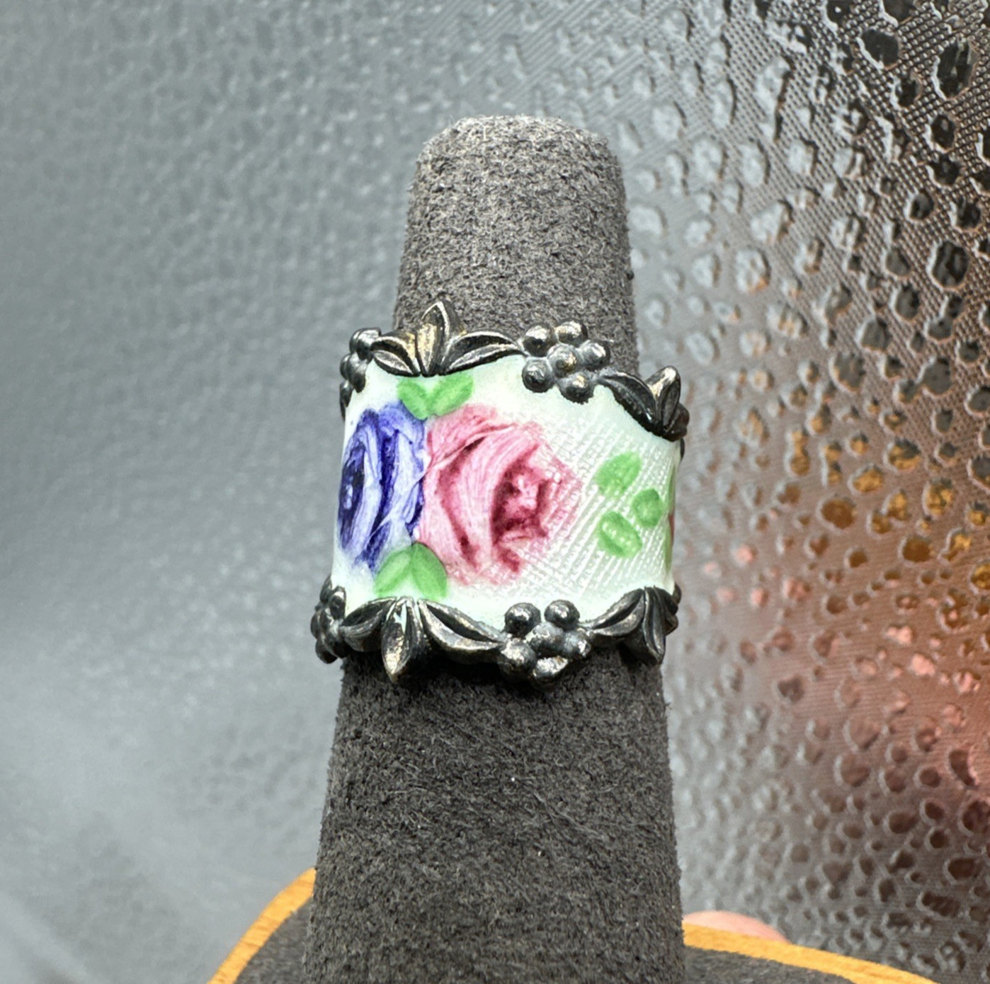 Vtg Vargas Sterling Silver Guilloche Enamel Painted Roses Flower Ring 7.1g Sz 5