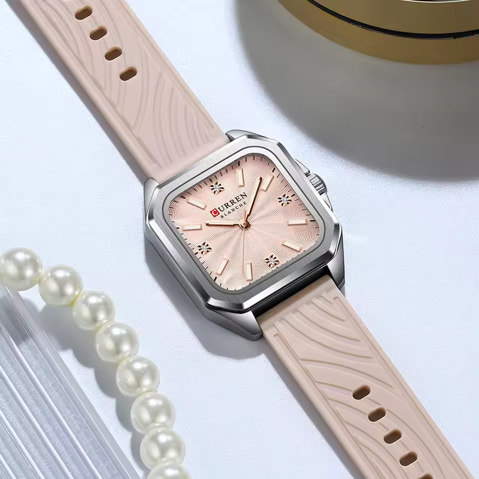 CURREN Womens Pink Leather Watch Square Quartz Dress Casual Waterproof 30mm