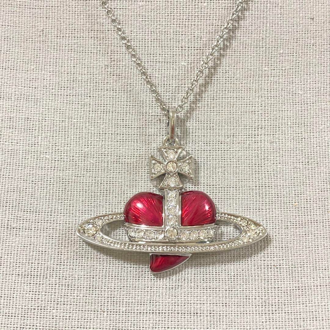 Diamante Heart Orb Large Necklace Silver Red with drawstring
