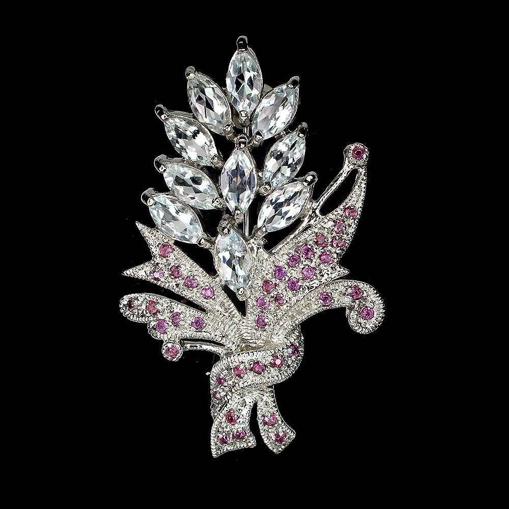925 Sterling Silver Brooch Marquise Aquamarine Rhodolite Gemstone Jewelry