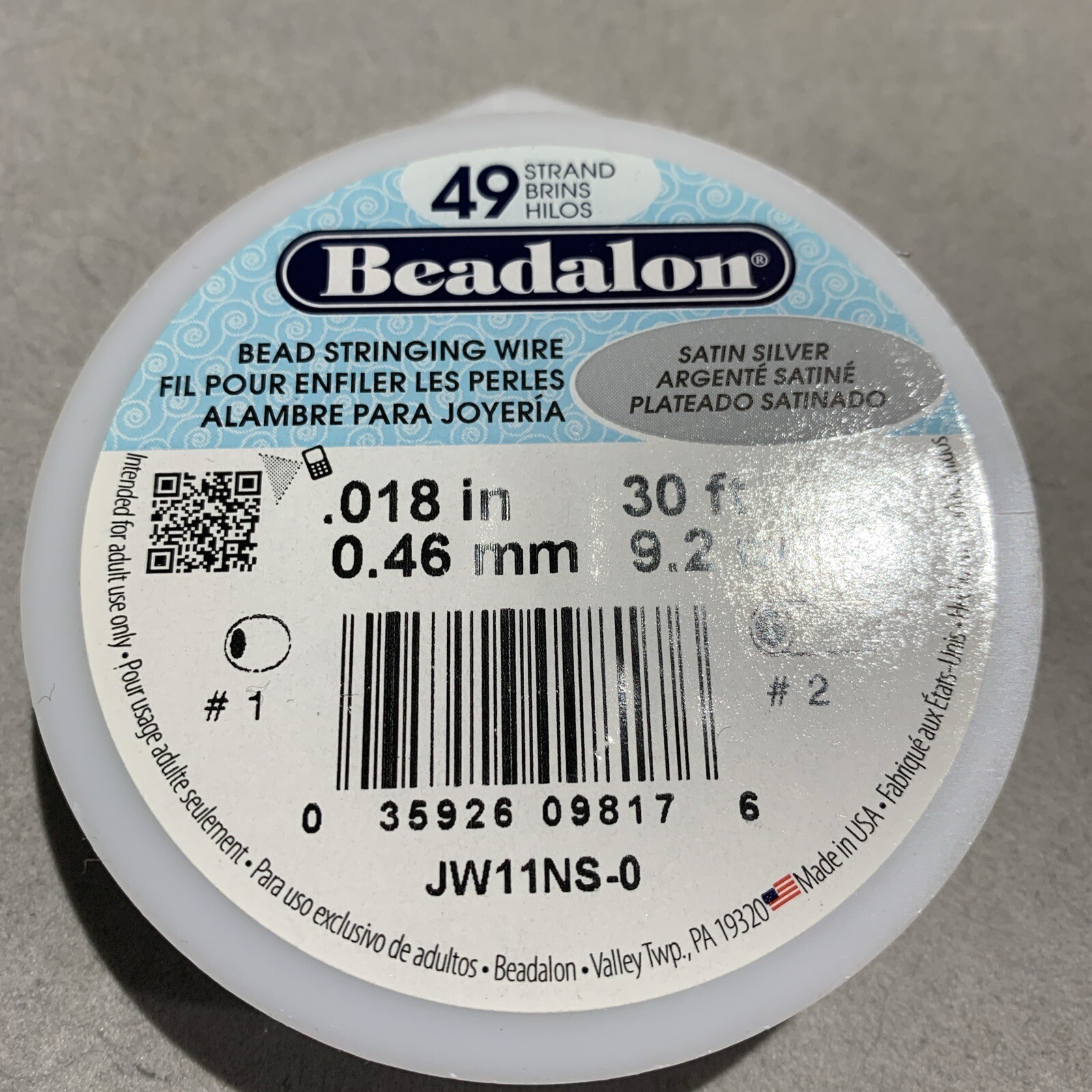 Beadalon Bead Stringing Wire 49 strand 30 foot spool .018 Satin Silver JW11NS-0