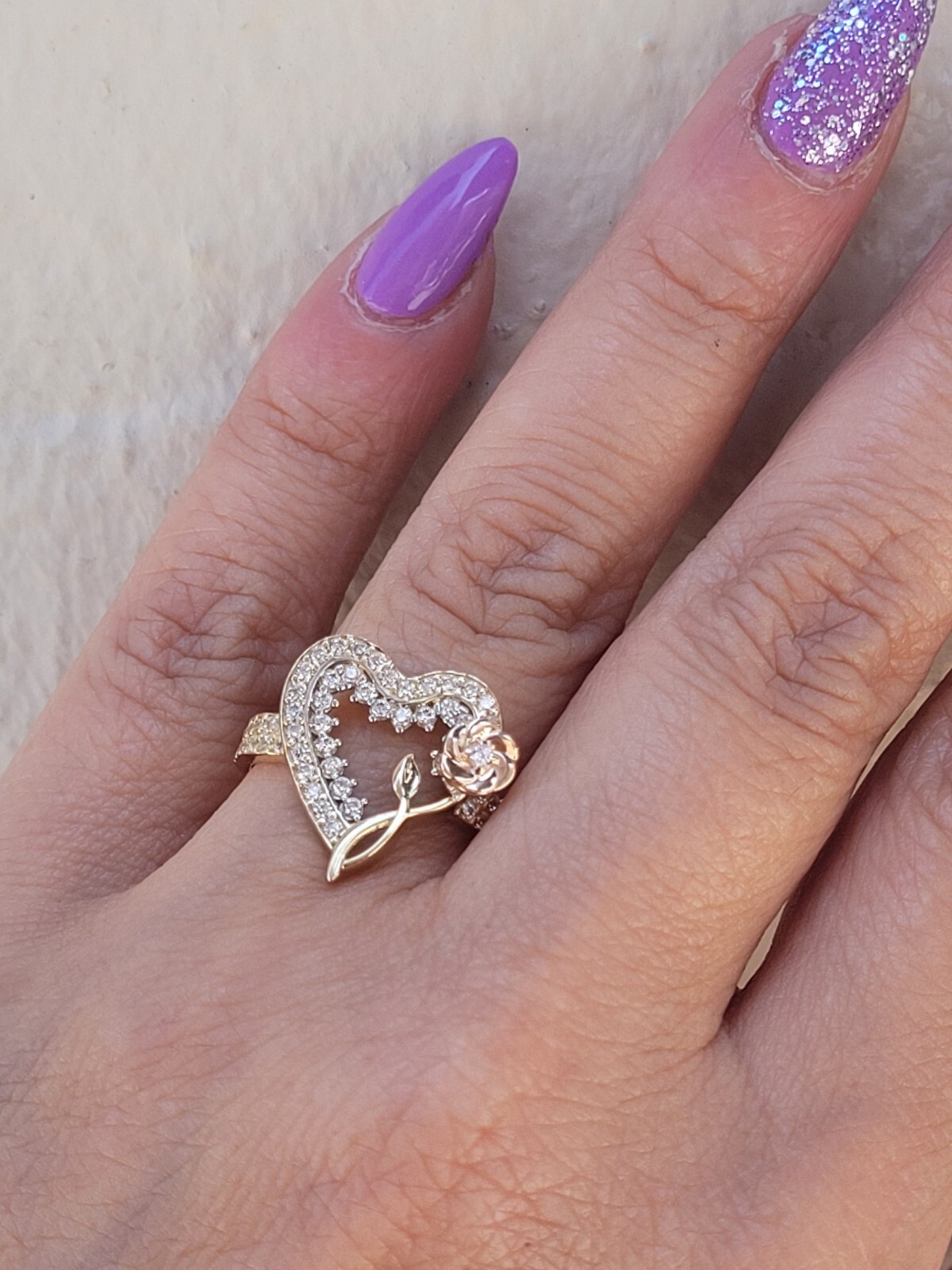 Big Solid 14k rose yellow Gold flower Heart ring size 6789 10