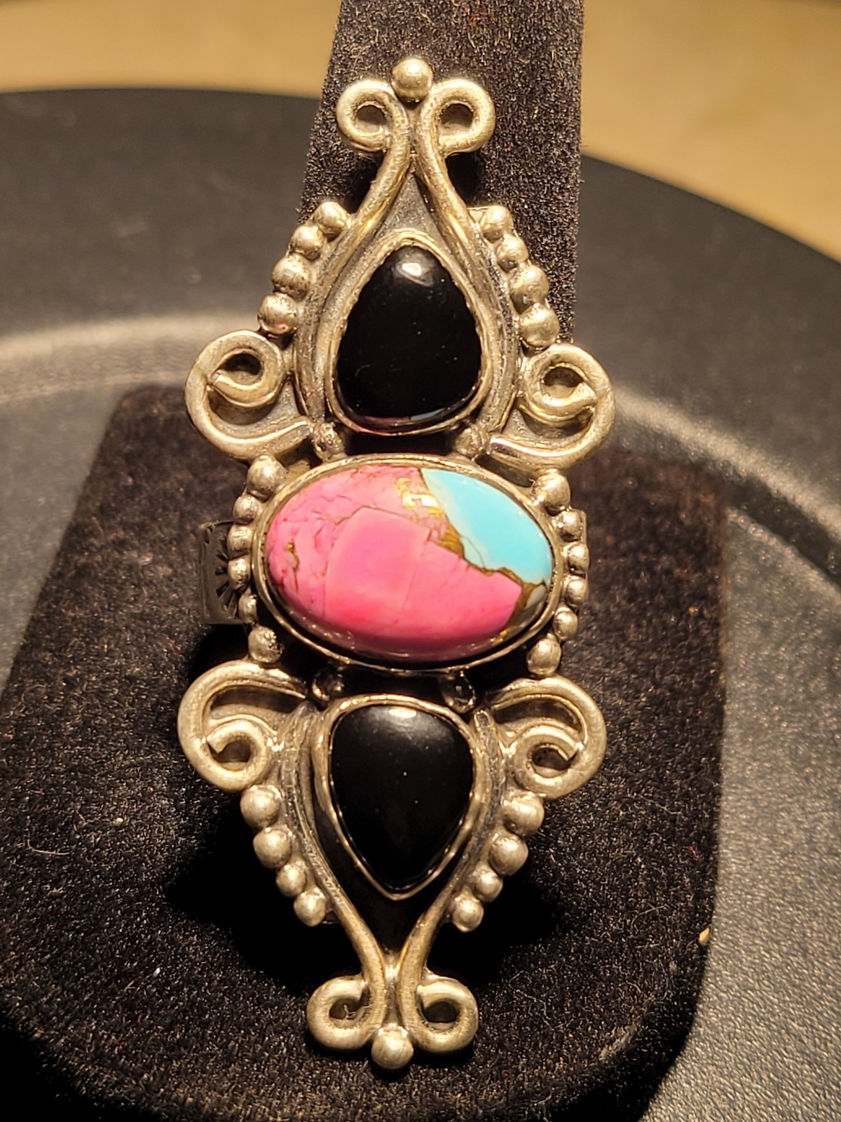 Cotton Candy Turquoise Black Onyx SS 925 Adjustable Southwestern Ring – handmade