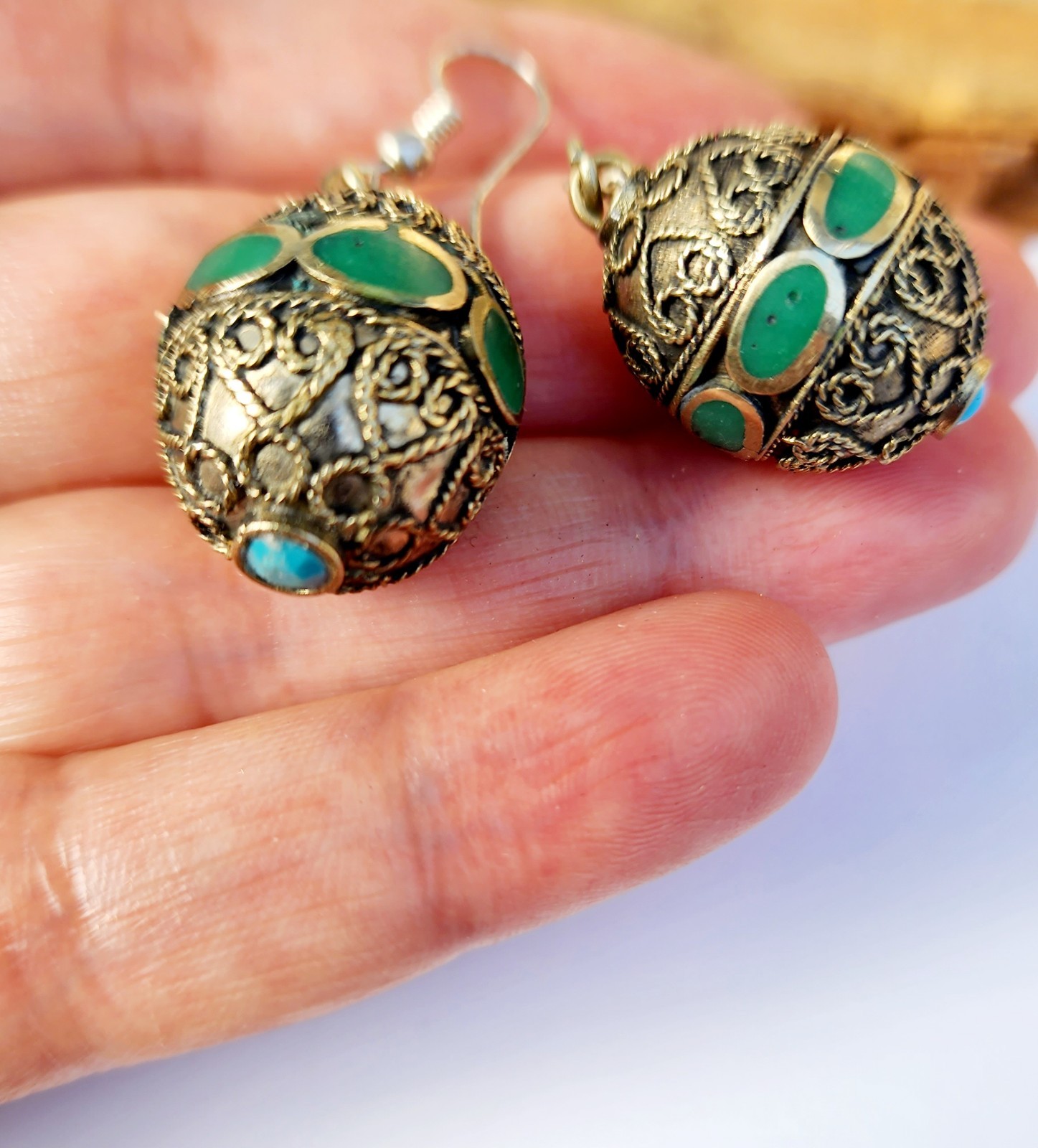 Filigree vintage Green Afghan Traditional ethnic Hook Dangle Drop Earrings