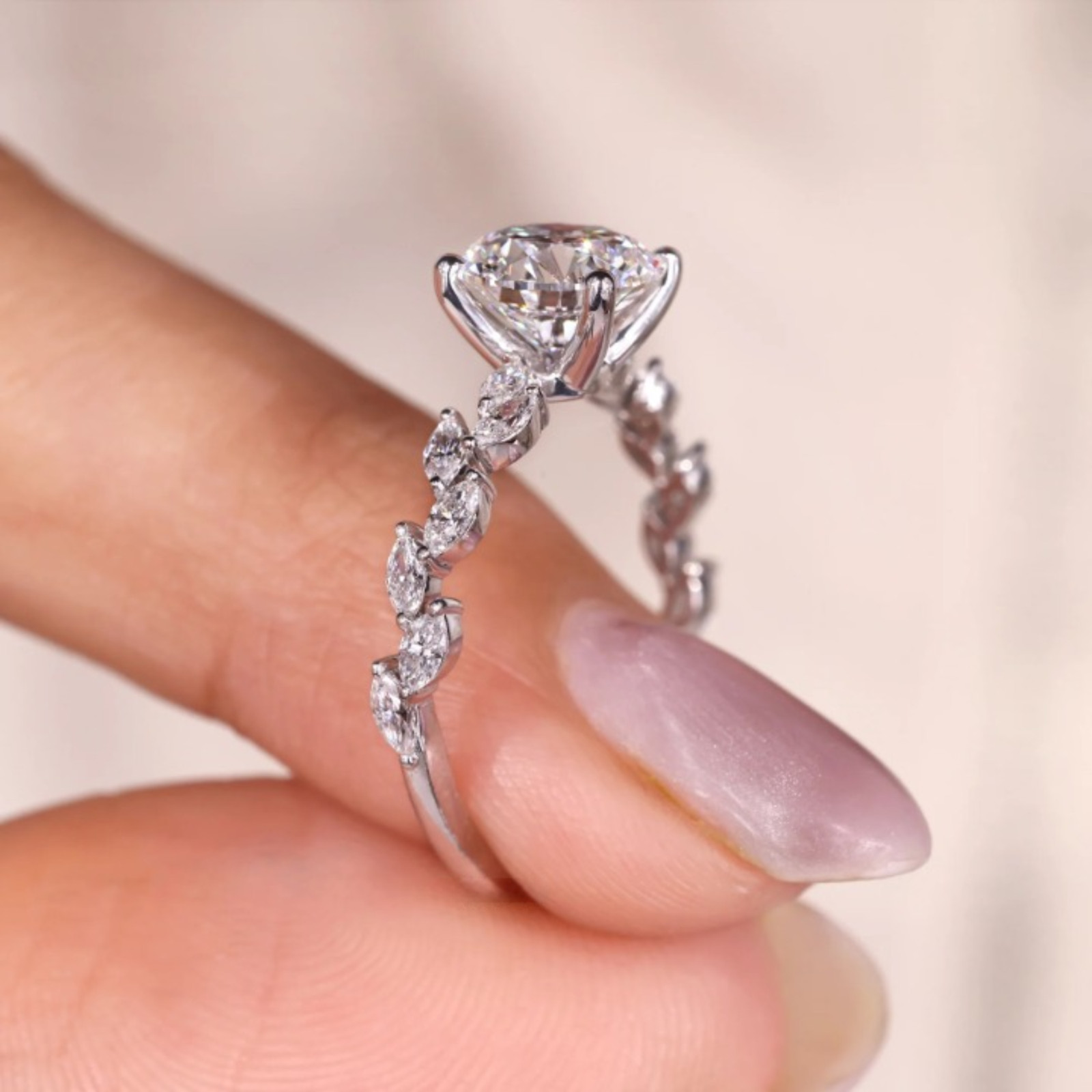 1.50 CT Round & Marquise Lab Grown Diamond Ring In Pave Style-Certified 14k Gold