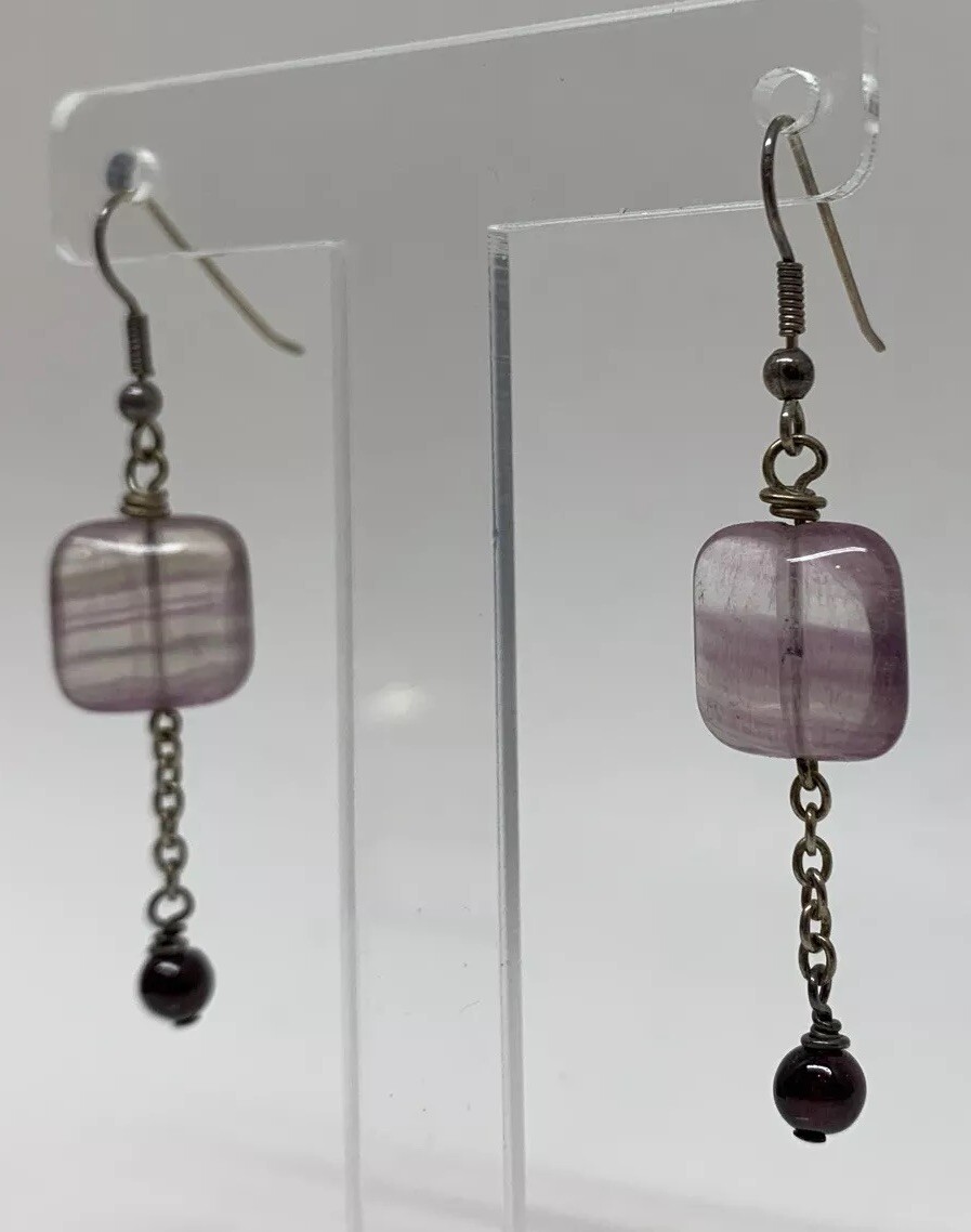 VTG Square Fluorite Dangle Hook Drop Chain Earrings 7.69g