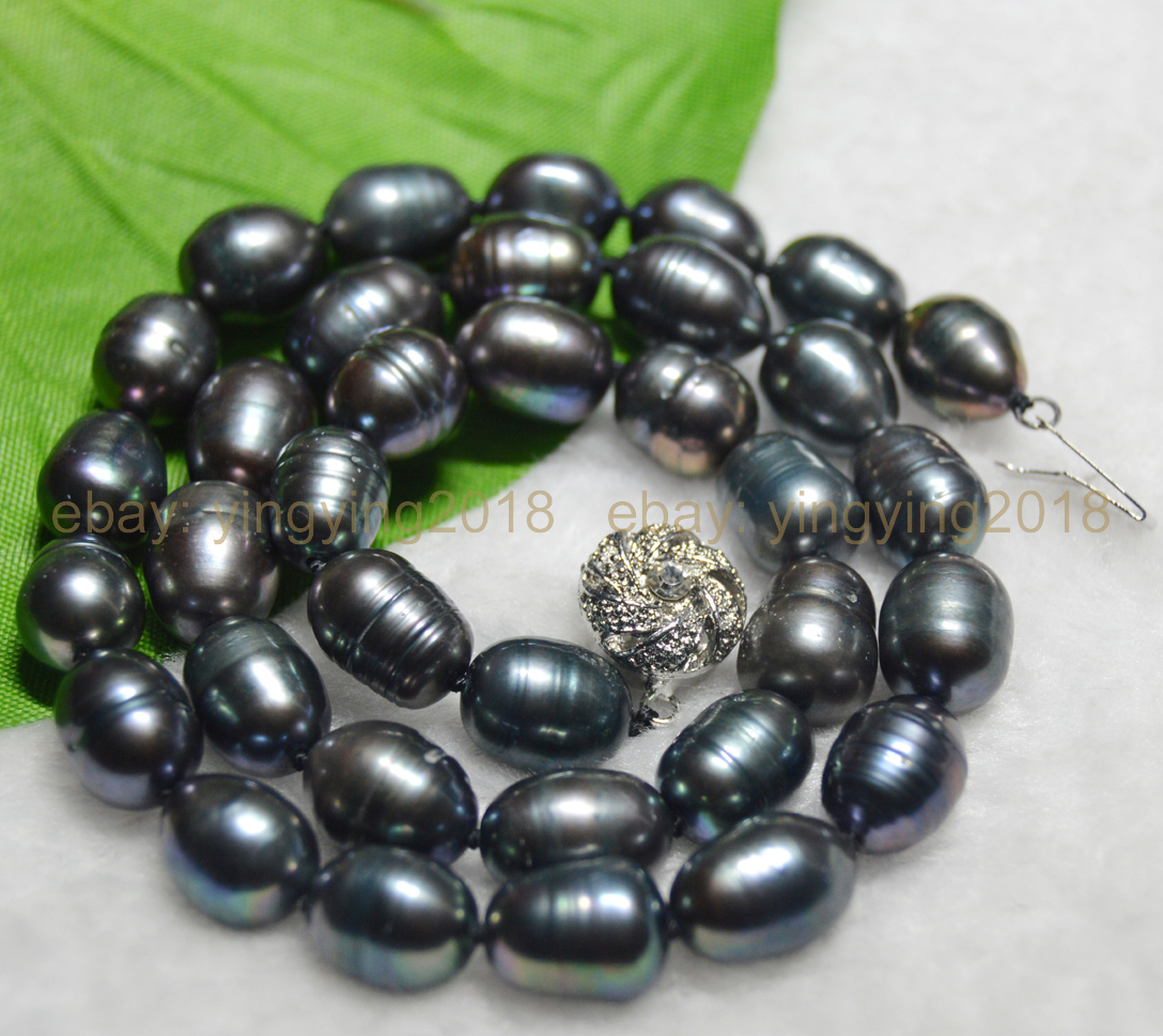 Long 20 inches NATURAL 10-11MM RICE BAROQUE BLACK FRESHWATER PEARL NECKLACES
