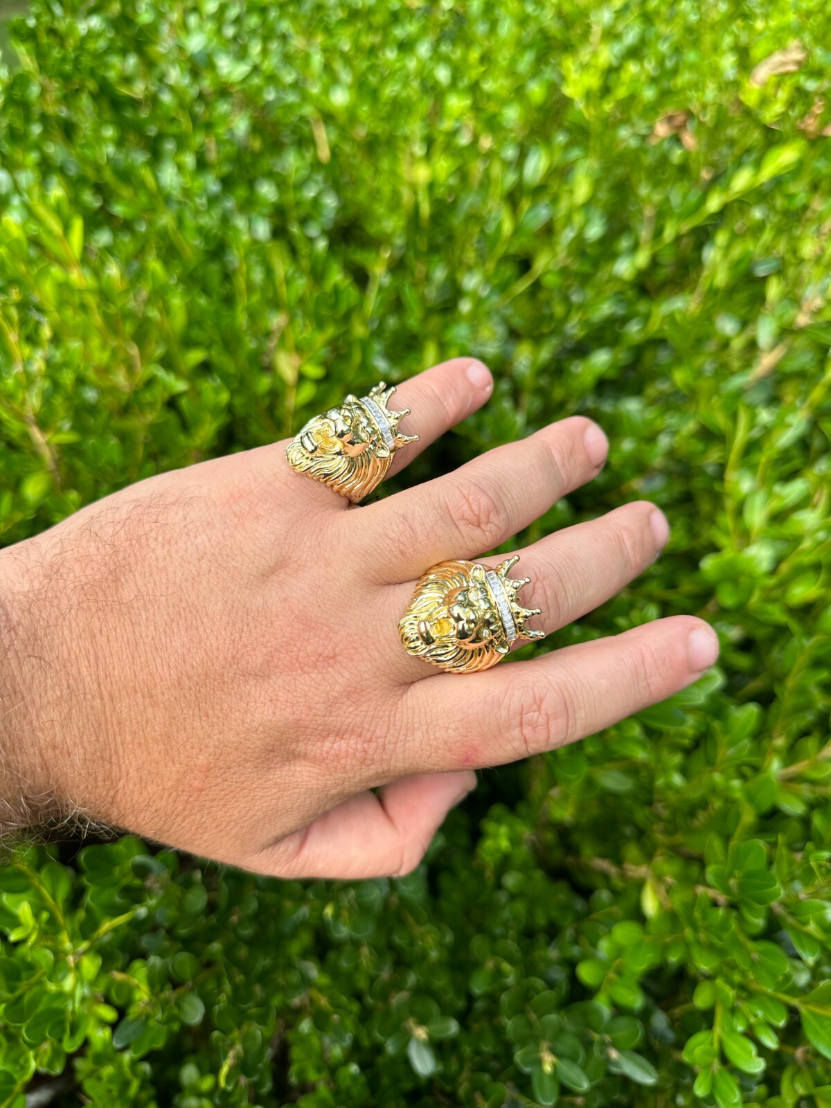 Lion W. Moissanite Baguette Crown 3D Mens Ring – 14k Gold Over Real 925 Silver