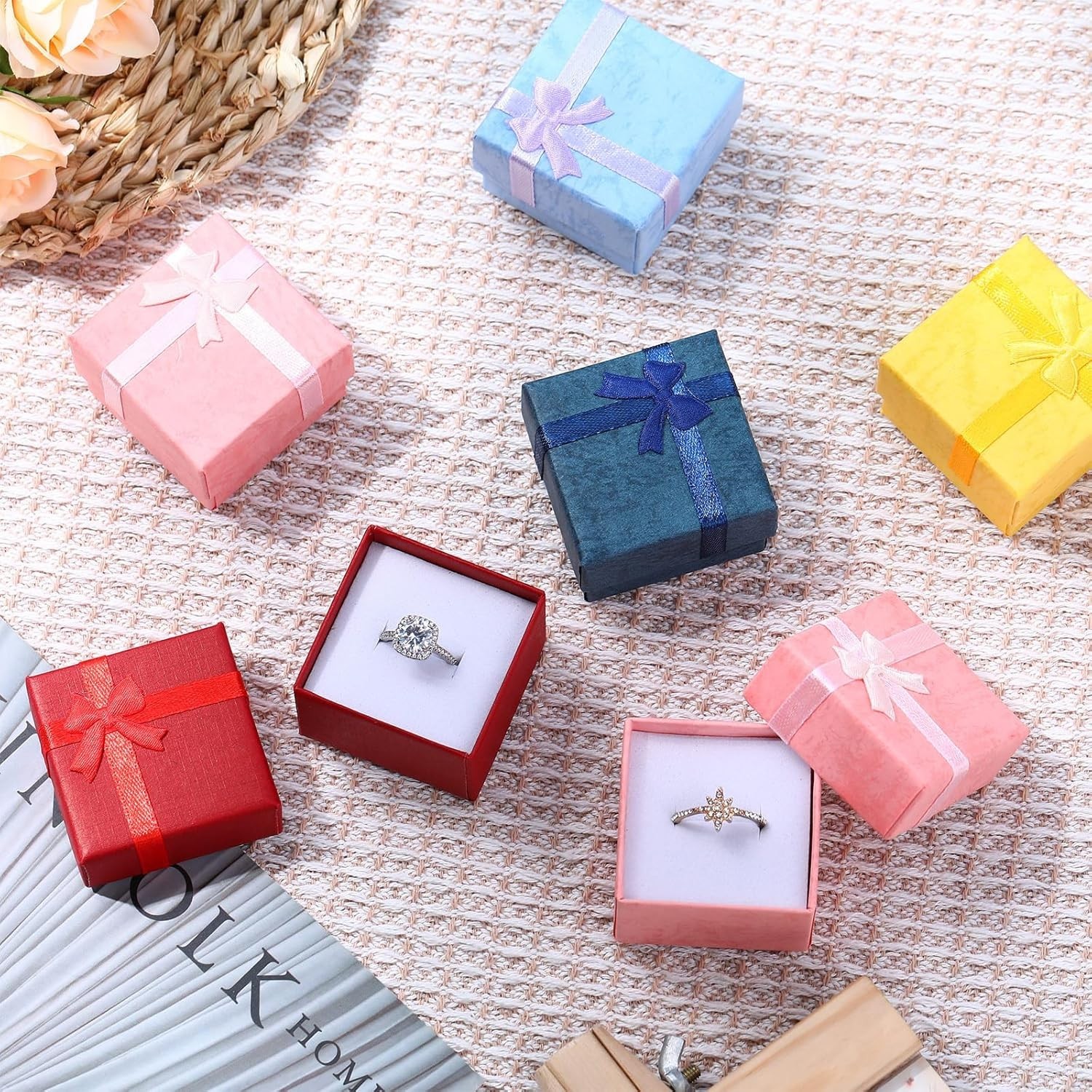 72 Pcs Bulk Ring Gift Boxes 2″ X 2″ Cardboard Jewelry Boxes with Ribbon Bow for