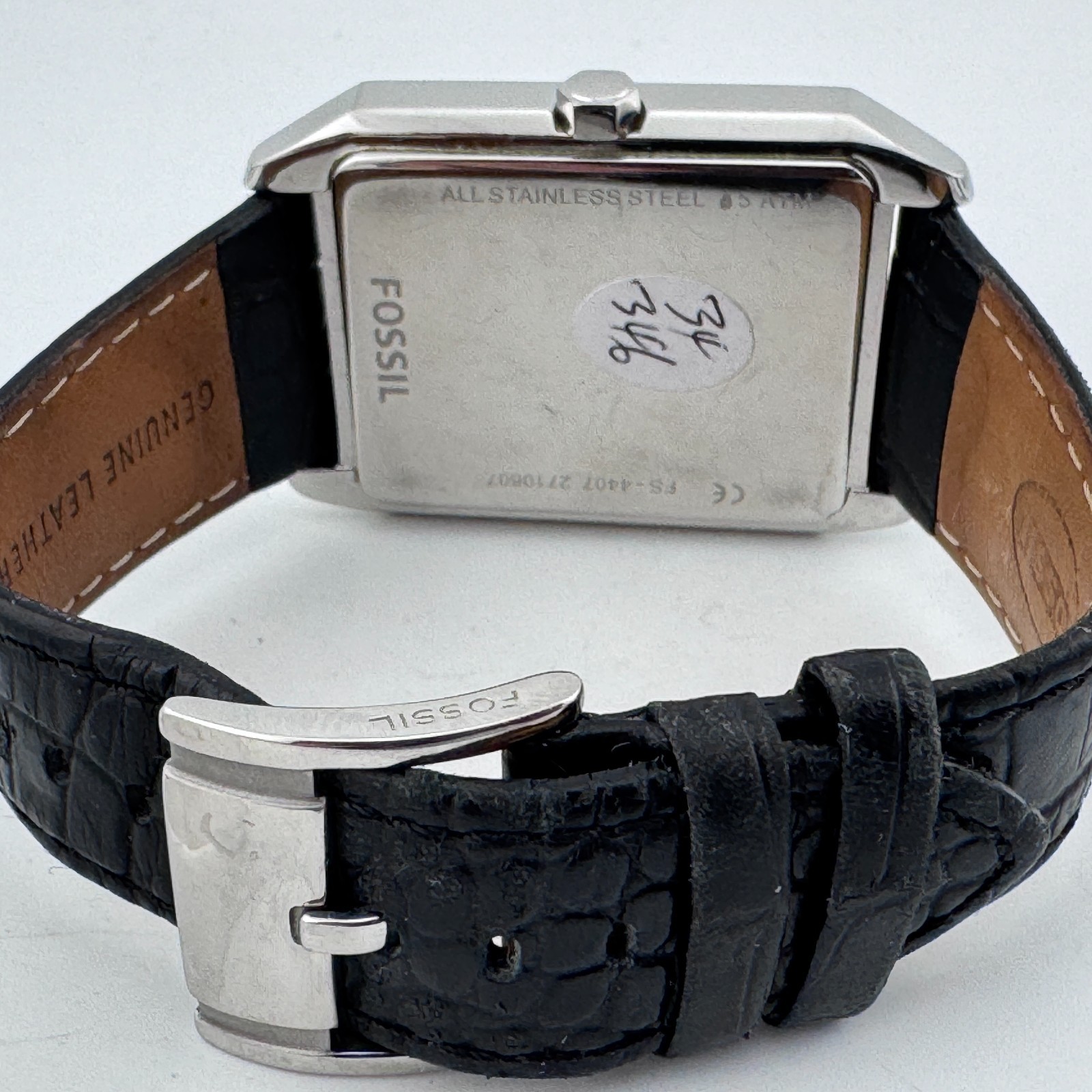 Fossil Quartz Watch FS-4407 Men 50m Silver Steel Leather Rectangle New Battery