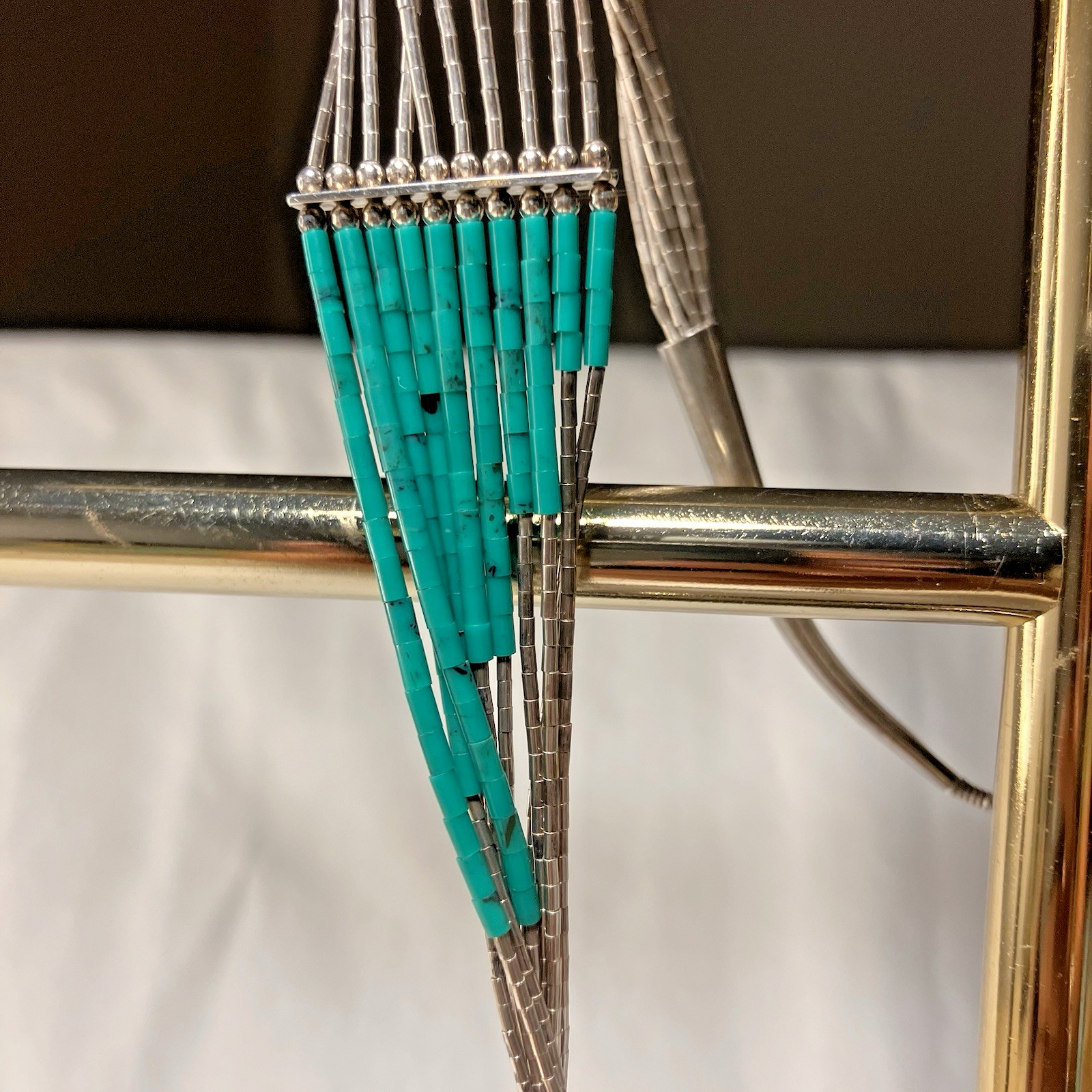 Vintage 10-Strand Liquid 925 Silver & beads with Turquoise heishi Necklace 12.5″