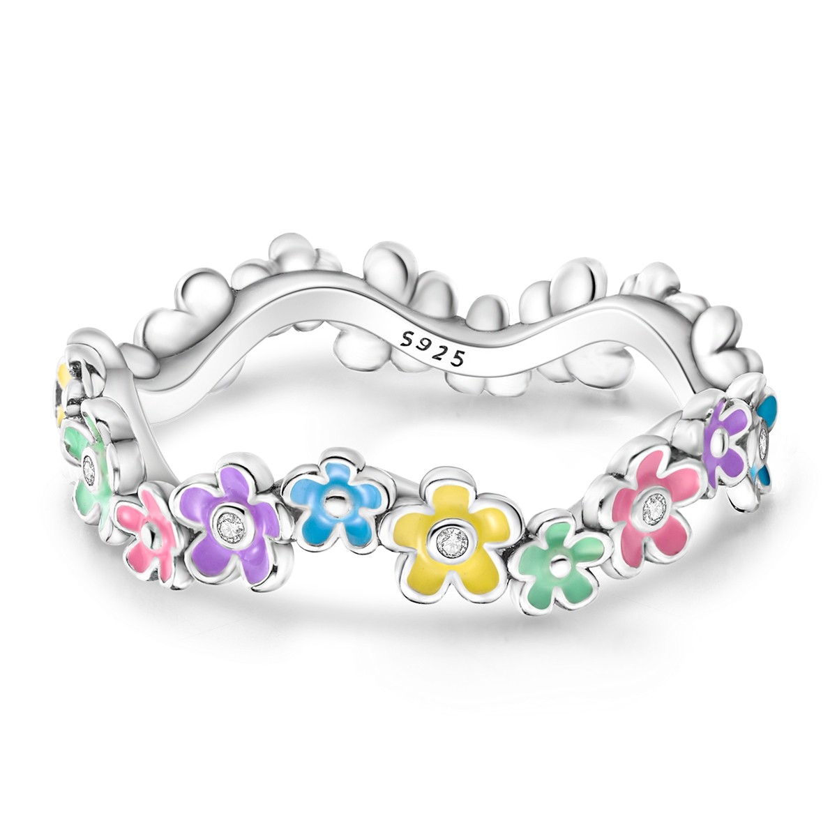 European 925 Sterling Silver Finger Ring CZ Colorful Flowers for Women Jewelry