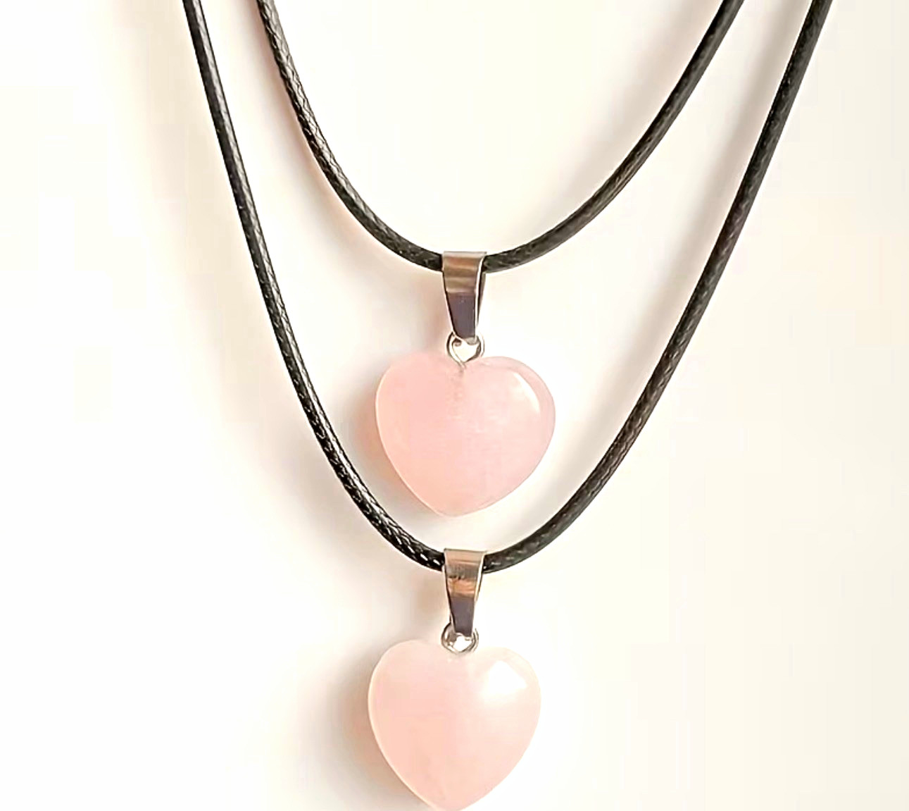 Pink Quartz Heart Charm Pendant Necklace Bezel Set Black Cord Love Theme
