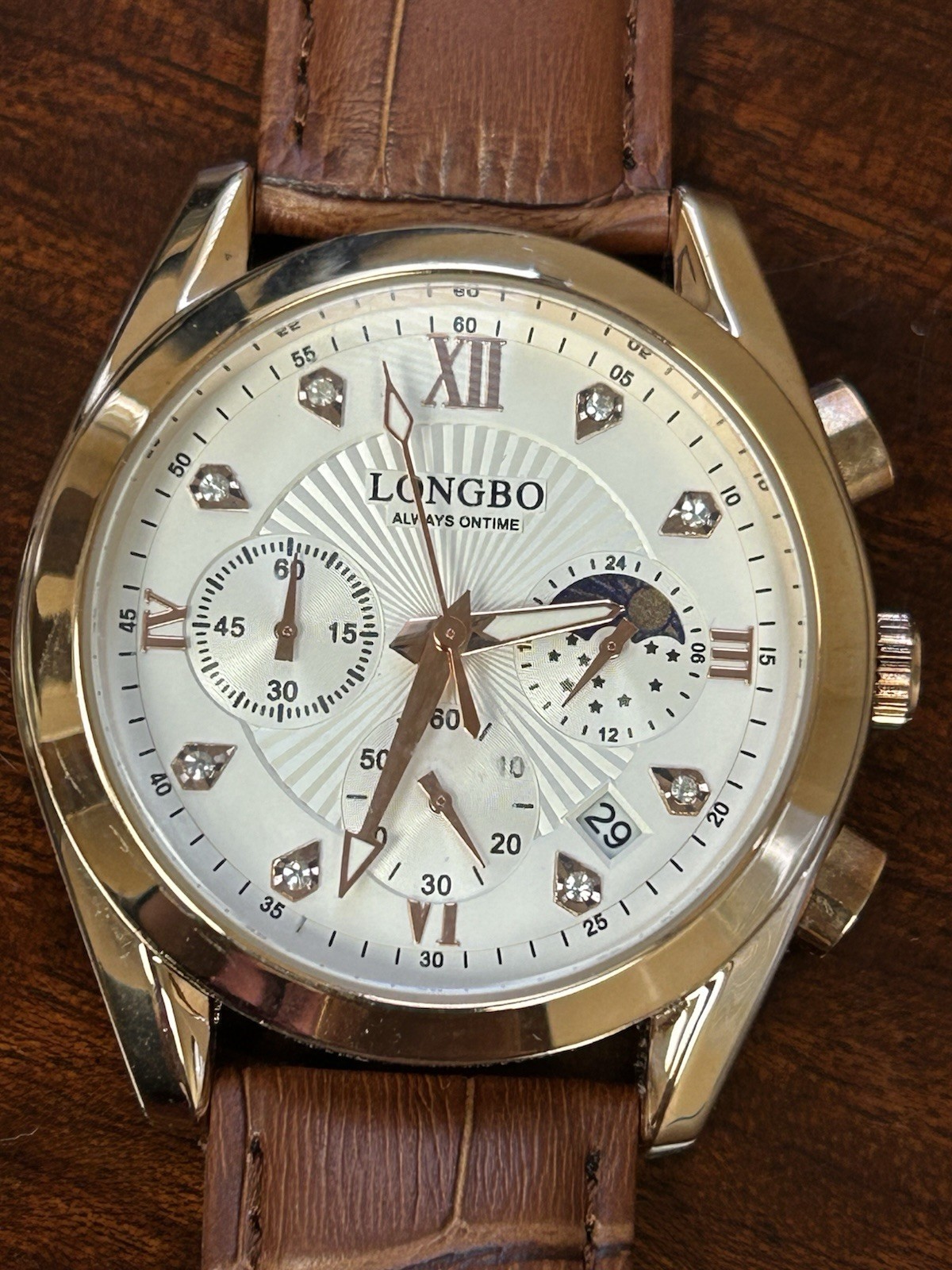Longbo Sun/Moon Chrono, 41mm, New, Leather, Works Great 8”