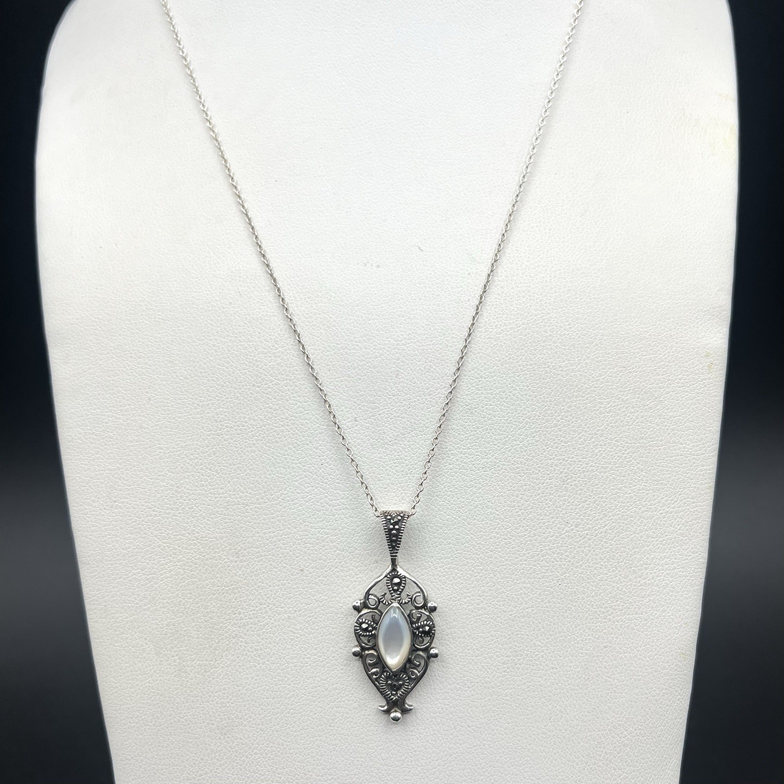 Mother of Pearl & Marcasite Filigree Pendant Necklace 925 Sterling Silver Chain