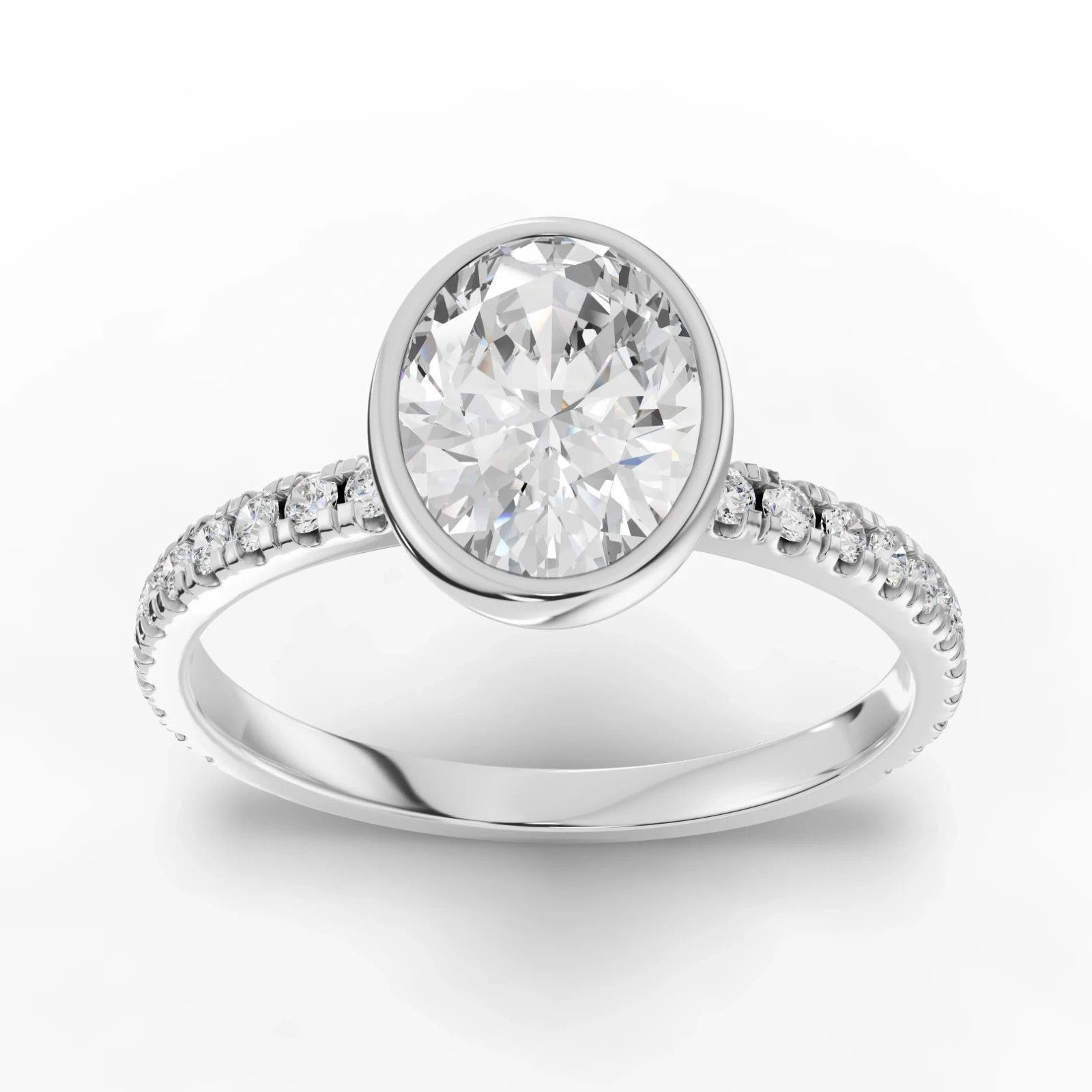 1.84 Ct Oval Solitaire Lab Grown Diamond Bezel Pavé Ring 18K White Gold
