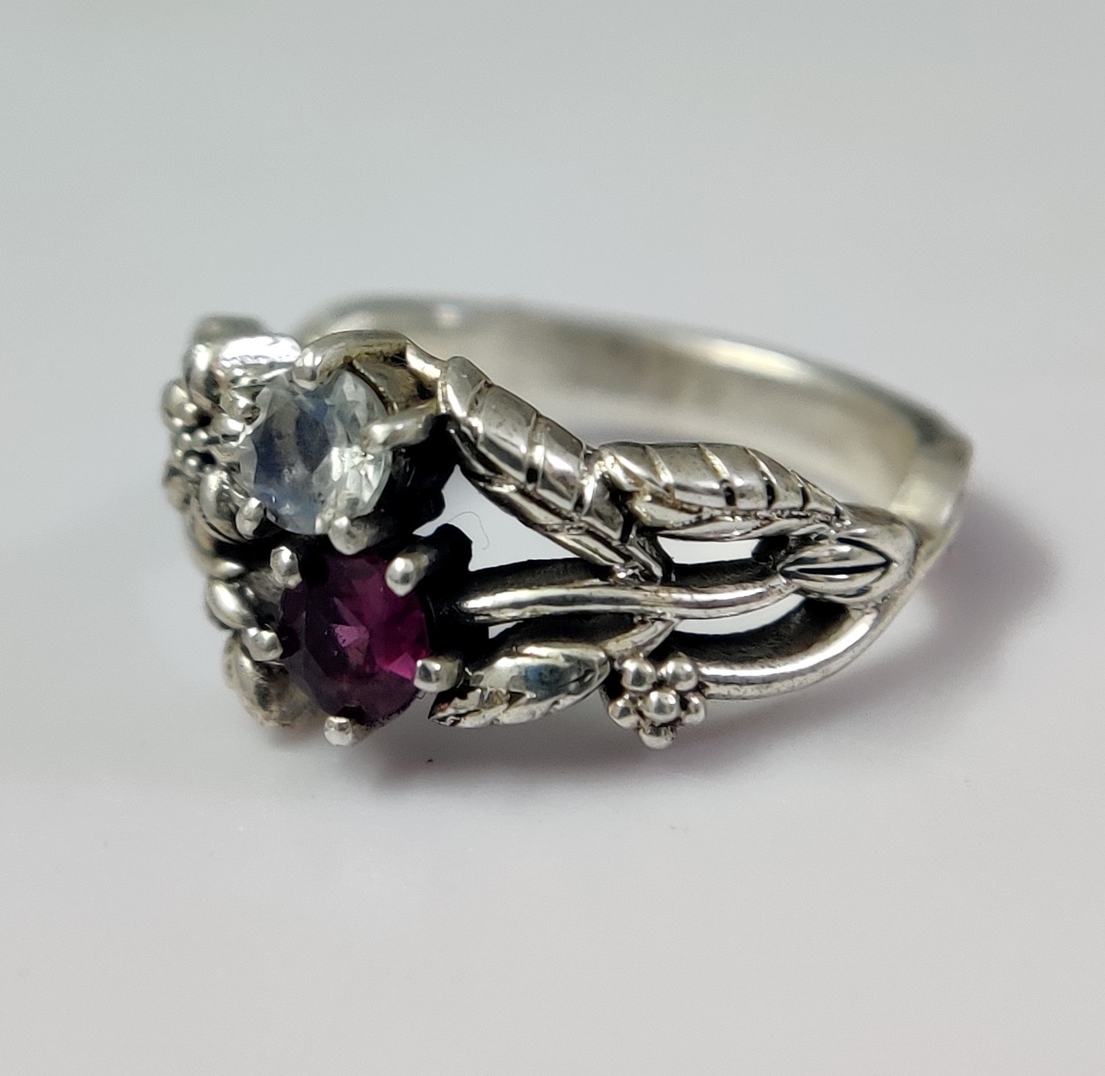 Nature Garnet Rainbow Moonstone 925 Silver Leaf Vine Floral Ring Wedding Band