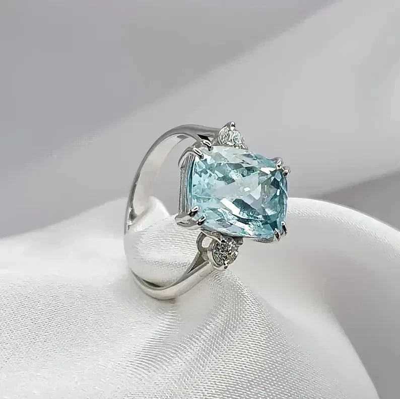 6.50 Ct Cushion Cut Lab Created Aquamarine Wedding Ring 14K White Gold Plated