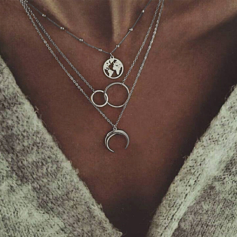 Women’s Layered Crescent Moon World Map Circle Pendant Necklace Silver Tone