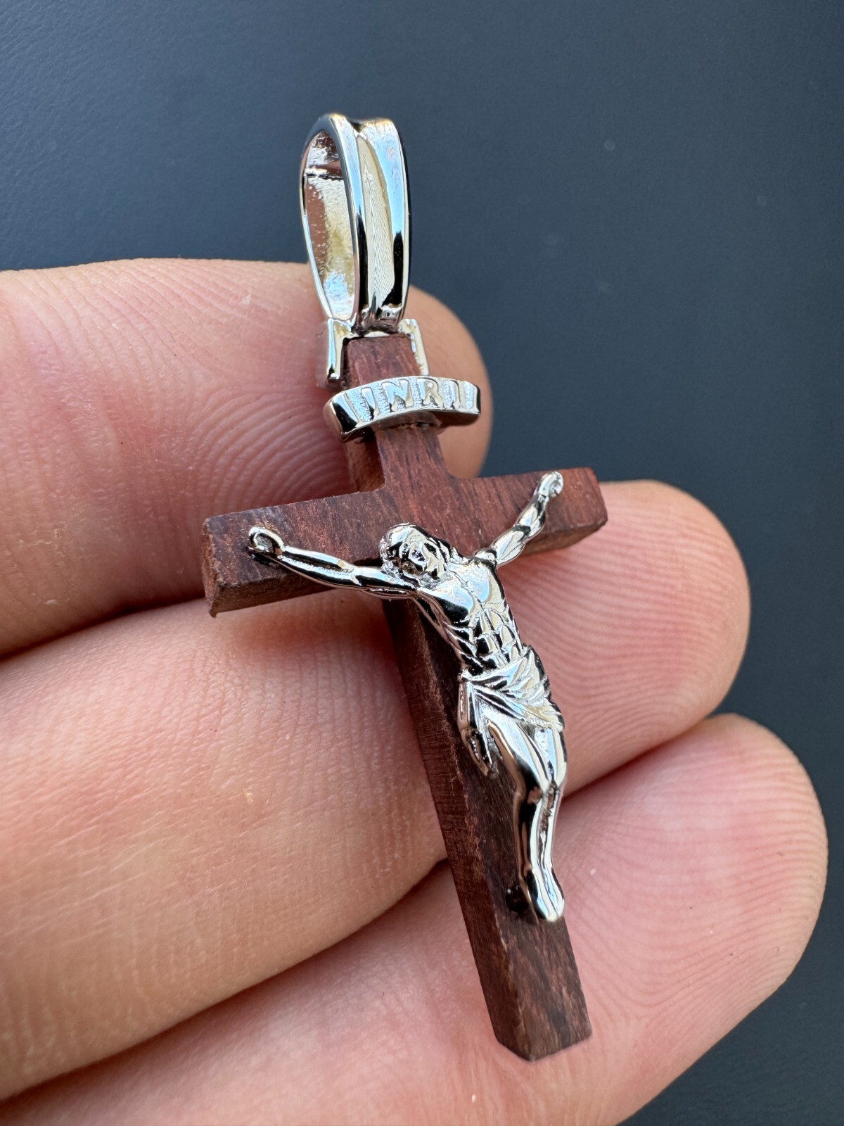 Mens Real 925 Silver Red Cherry Walnut Wood Jesus Cross Pendant Necklace 1.25″
