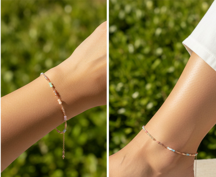 Multicolor Beaded Anklet Dainty Rose Gold Plated Chain Anklet Handmade Jewelry