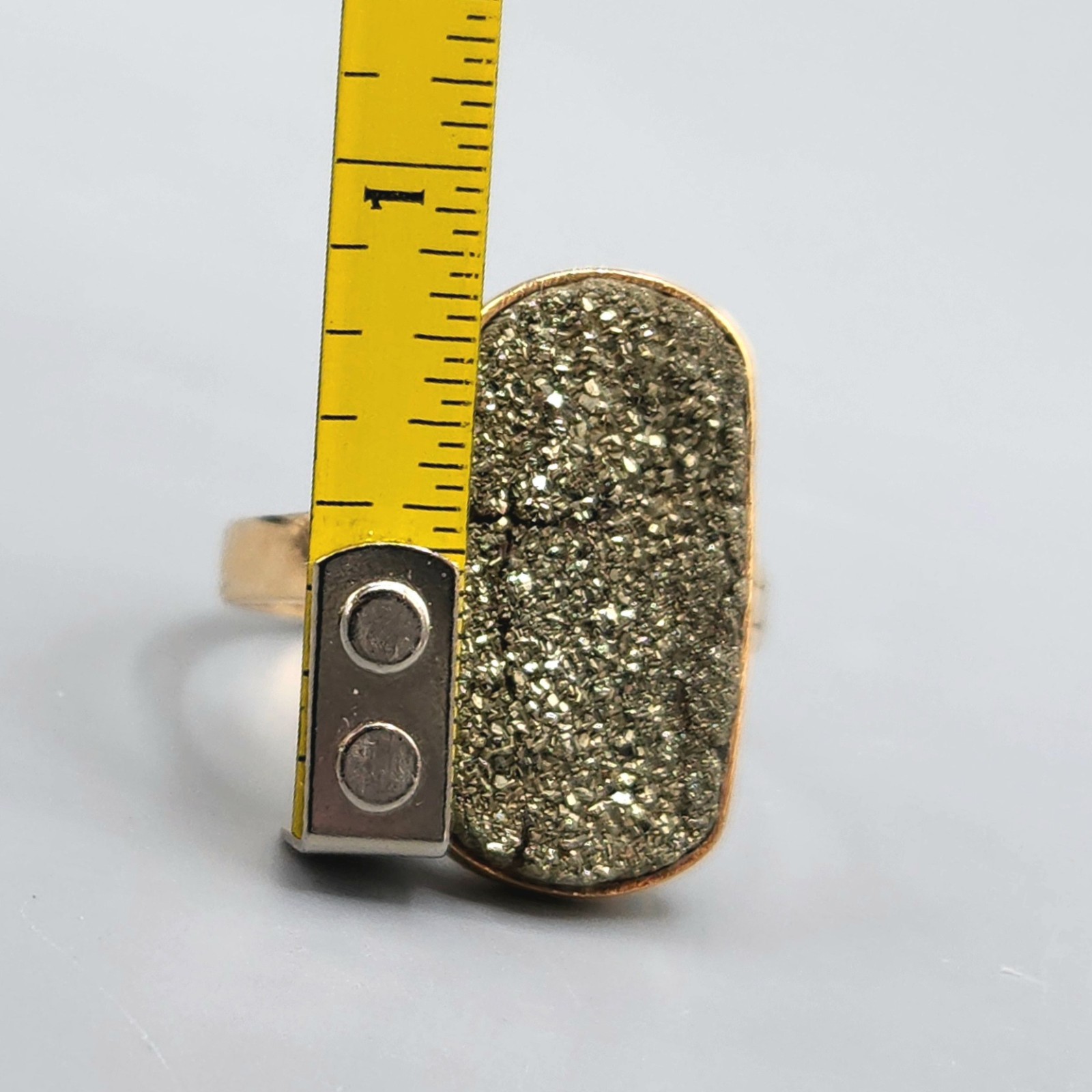 14K Rose Gold Large Pyrite Fools Gold Druzy Rectangle Band Ring Size 11.25 7.5g