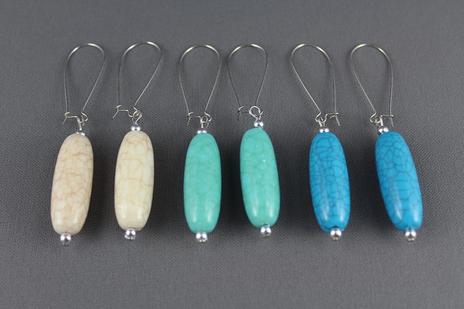 Cream Silver oval bead dangle earrings kidney wire dangly oblong beads