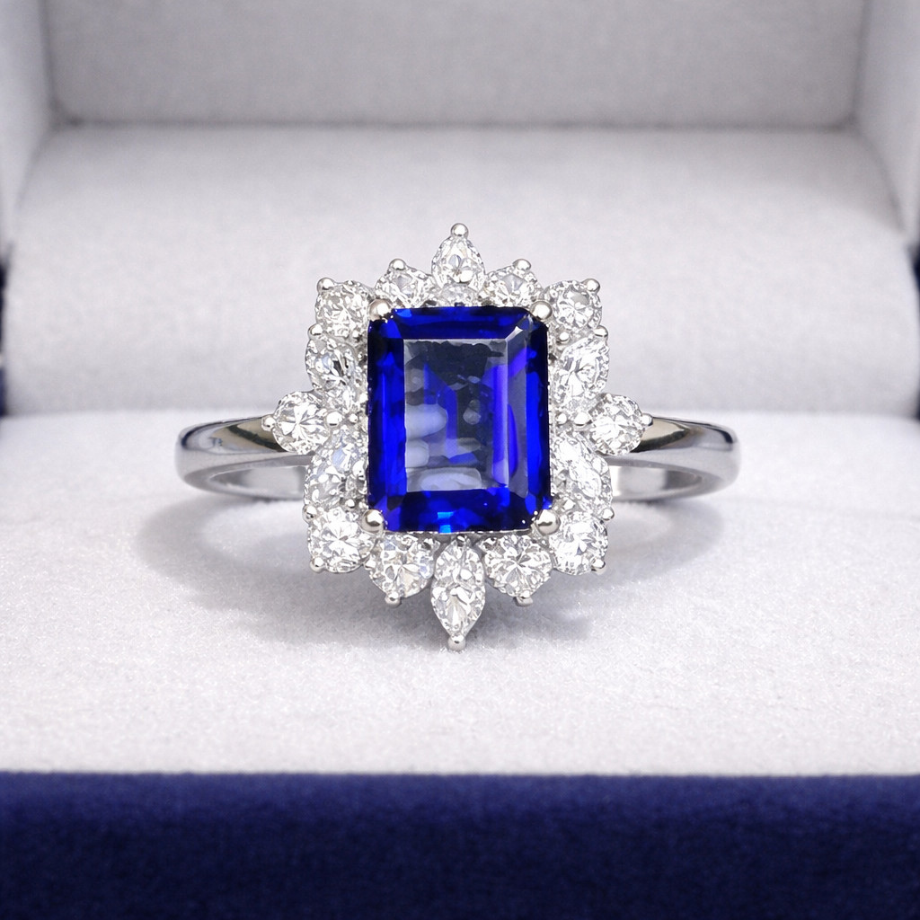 3.70 Ct Natural Sapphire Diamond Wedding Ring 14K White Gold Emerald Cut Size 8