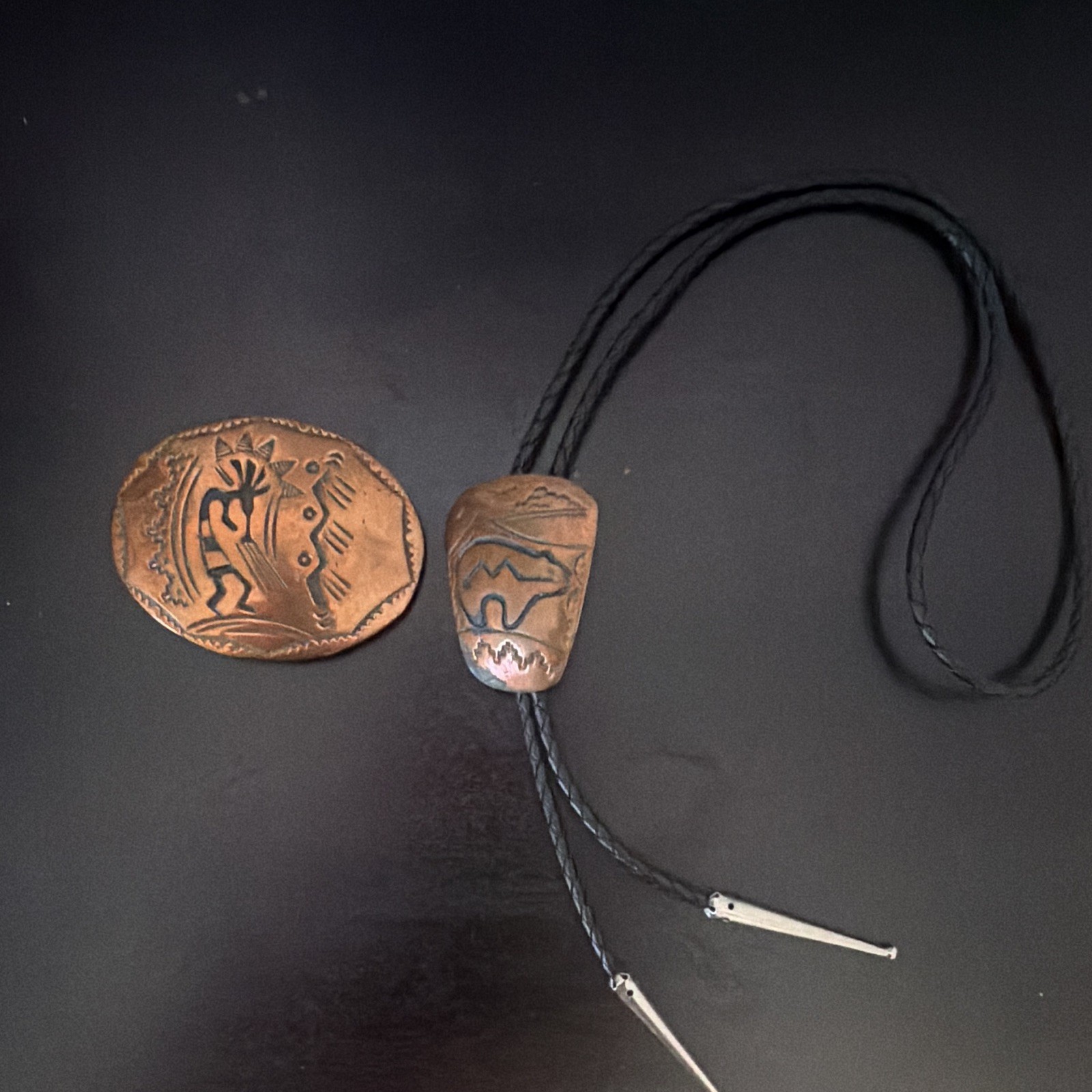 Men’s Western Copper Oval Signed Adjustable Bolo Tie Braided Black Leather