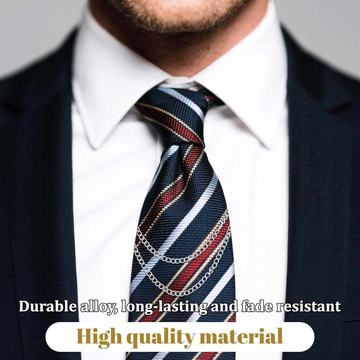 3 Pack Tie Chain for Men, Necktie Chains with Ring Clasps, Elegant Tie Clips, Su