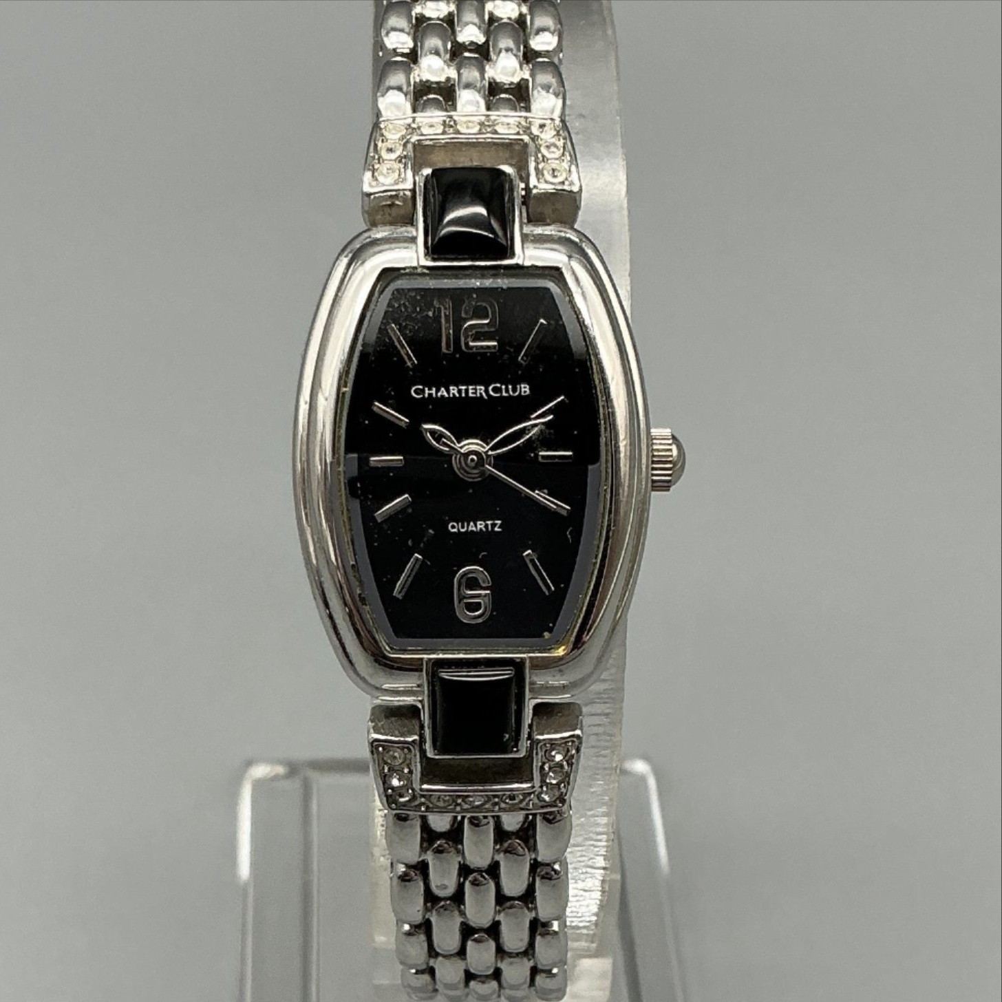 Charter Club Womens Watch 20mm Black Dial Silver Tone Bracelet New Battery 7.25″